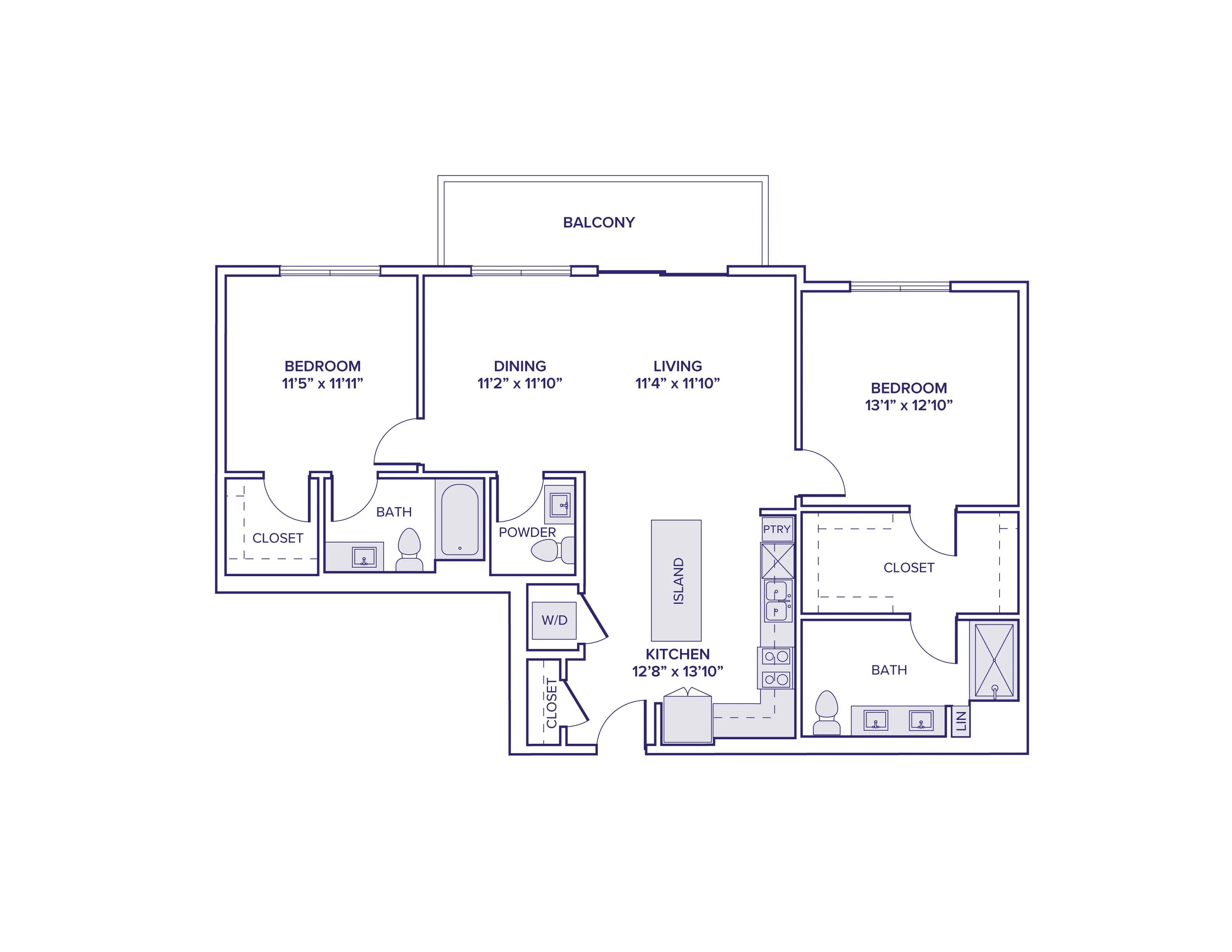 1232 square foot two bed two and a half bath apartment floor plan in Scottsdale, AZ