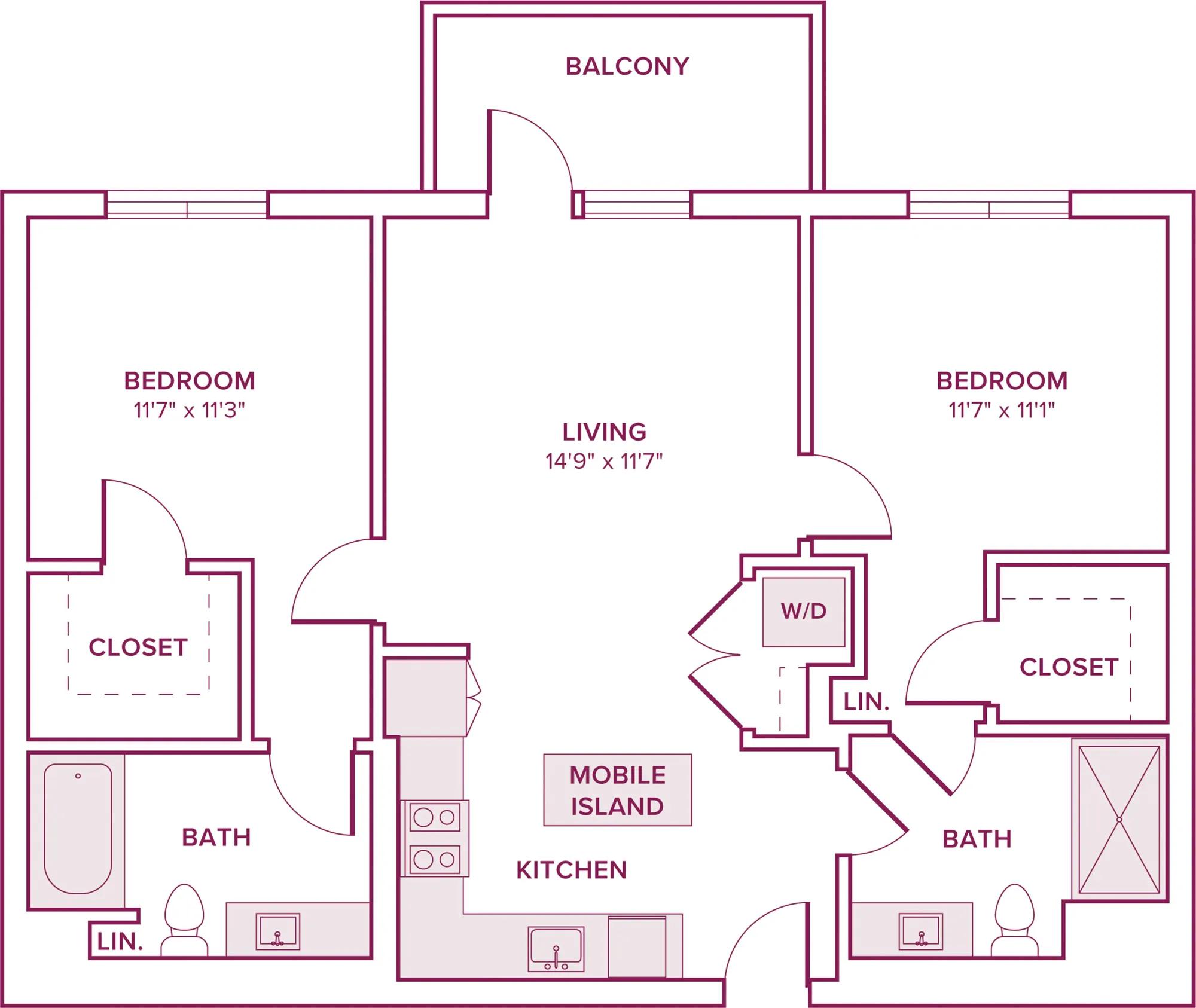 961 square foot two bed two bath floor plan in Argyle, CA