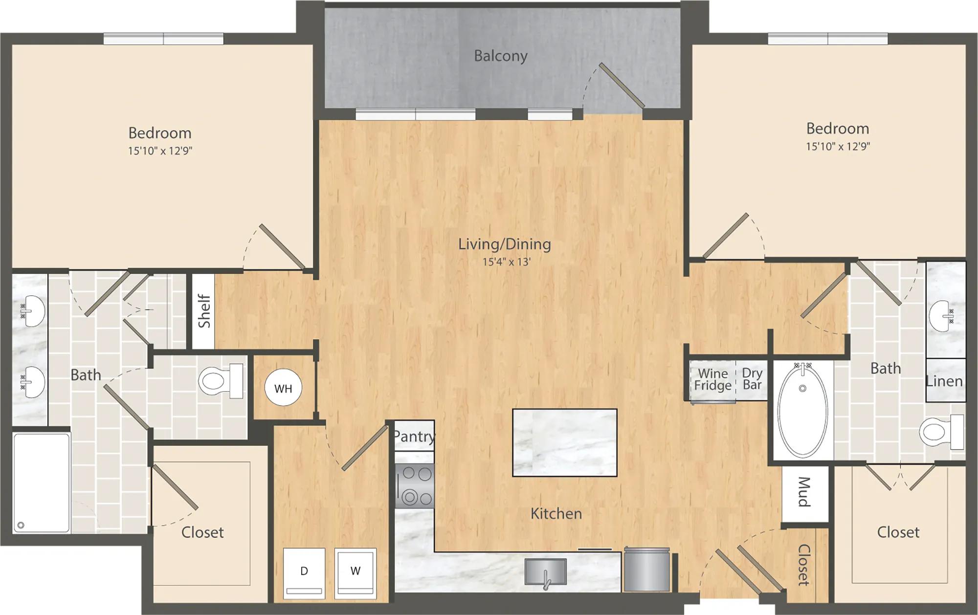 1413 square foot two bedroom two bath apartment floor plan in Dallas, TX