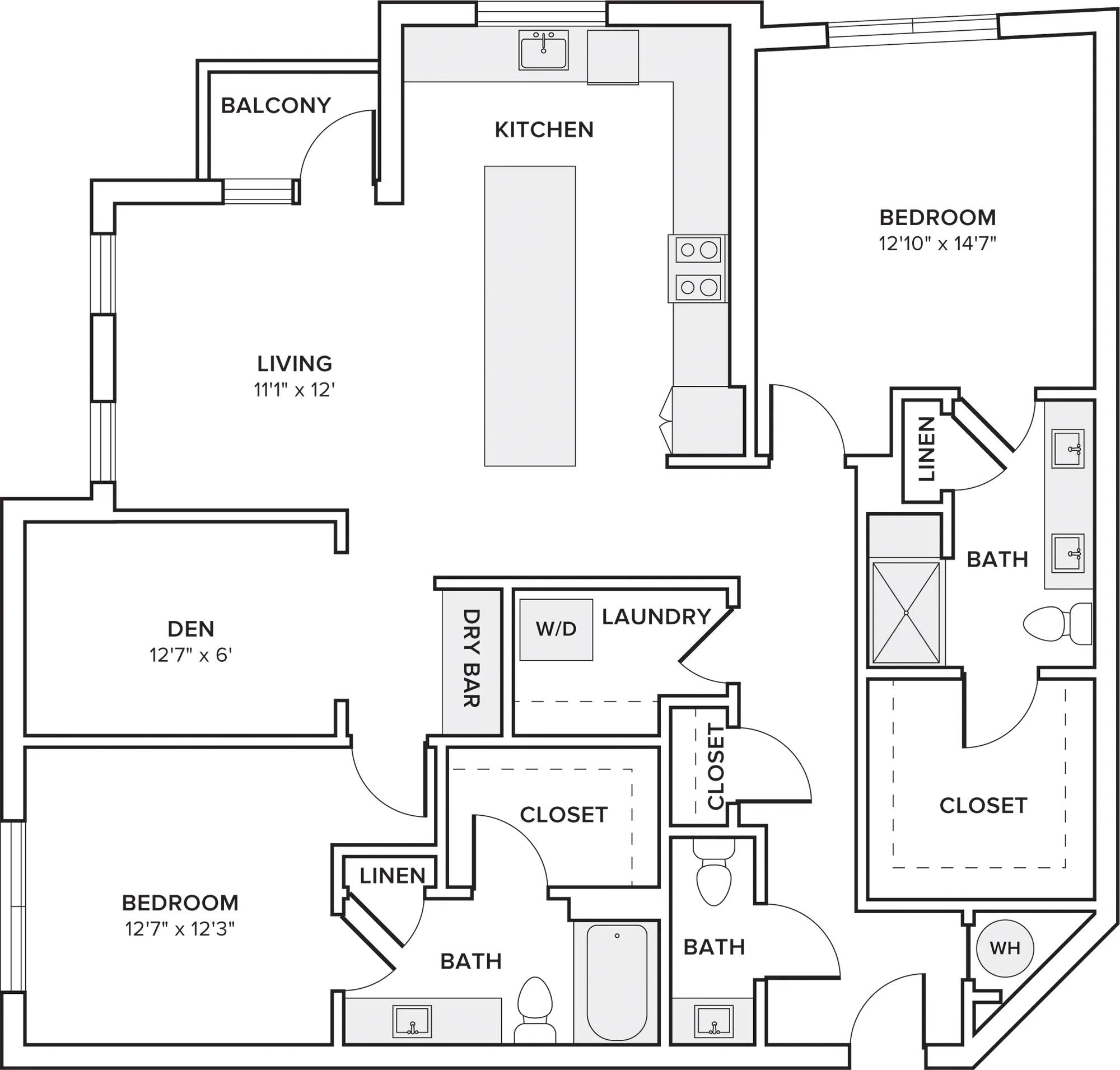 1515 square foot two bedroom two and a half bath with den apartment floor plan in Dallas, TX