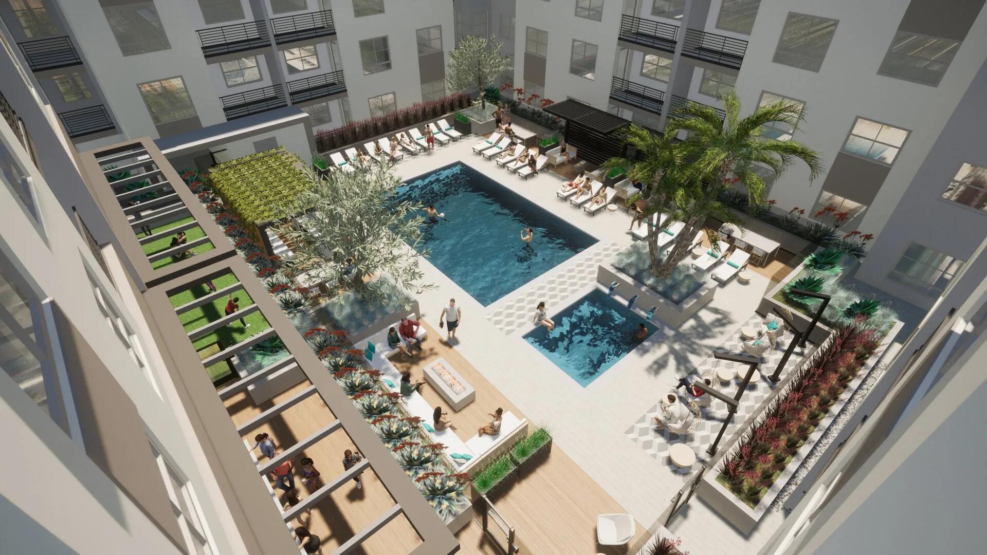 Resort-style pool and spa with spacious sundeck and cabanas modera melrose apartments in oceanside ca