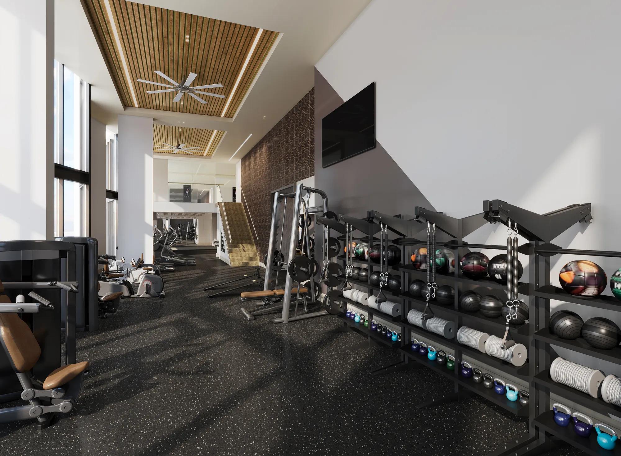 two story fitness center with cardio equipment modera mcgavock apartment homes for rent in nashville tn