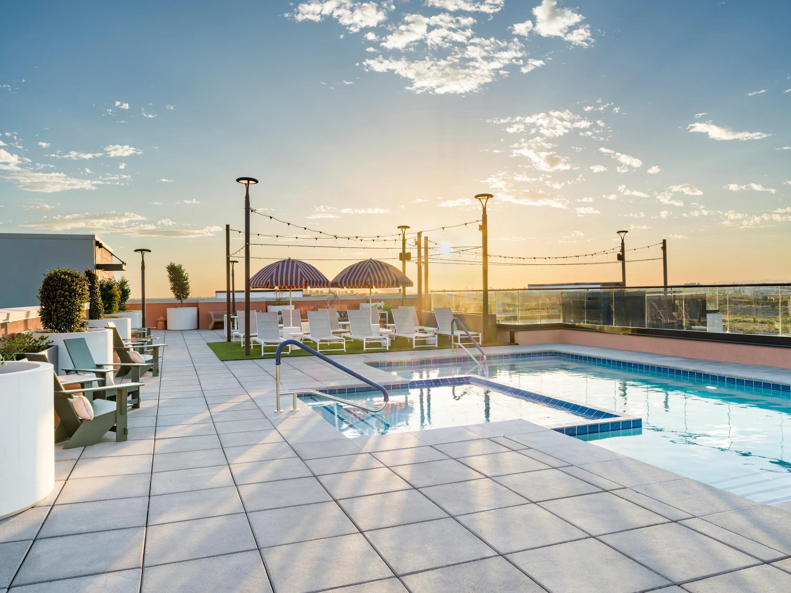 Rooftop pool with striped cabanas modera rio salado apartments for rent in tempe az