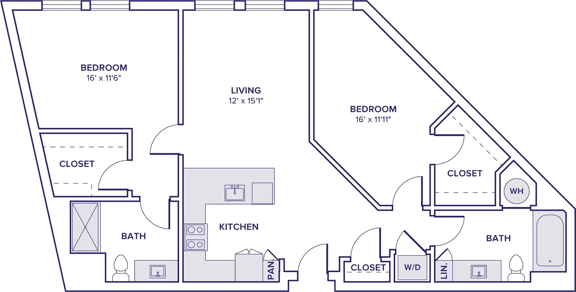 1199 square foot two bedroom two bath apartment floor plan image