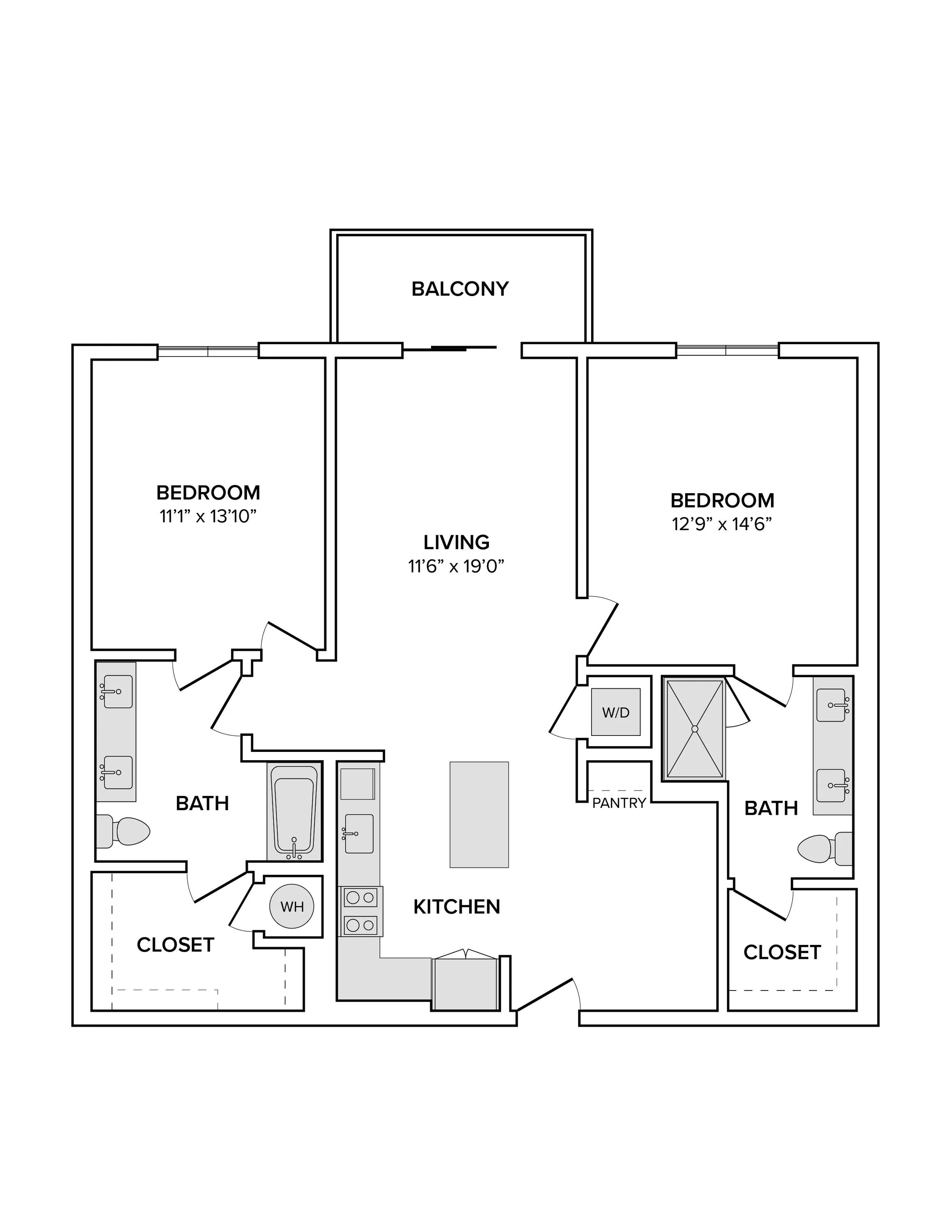 1194 square foot two bed two bath apartment floor plan image