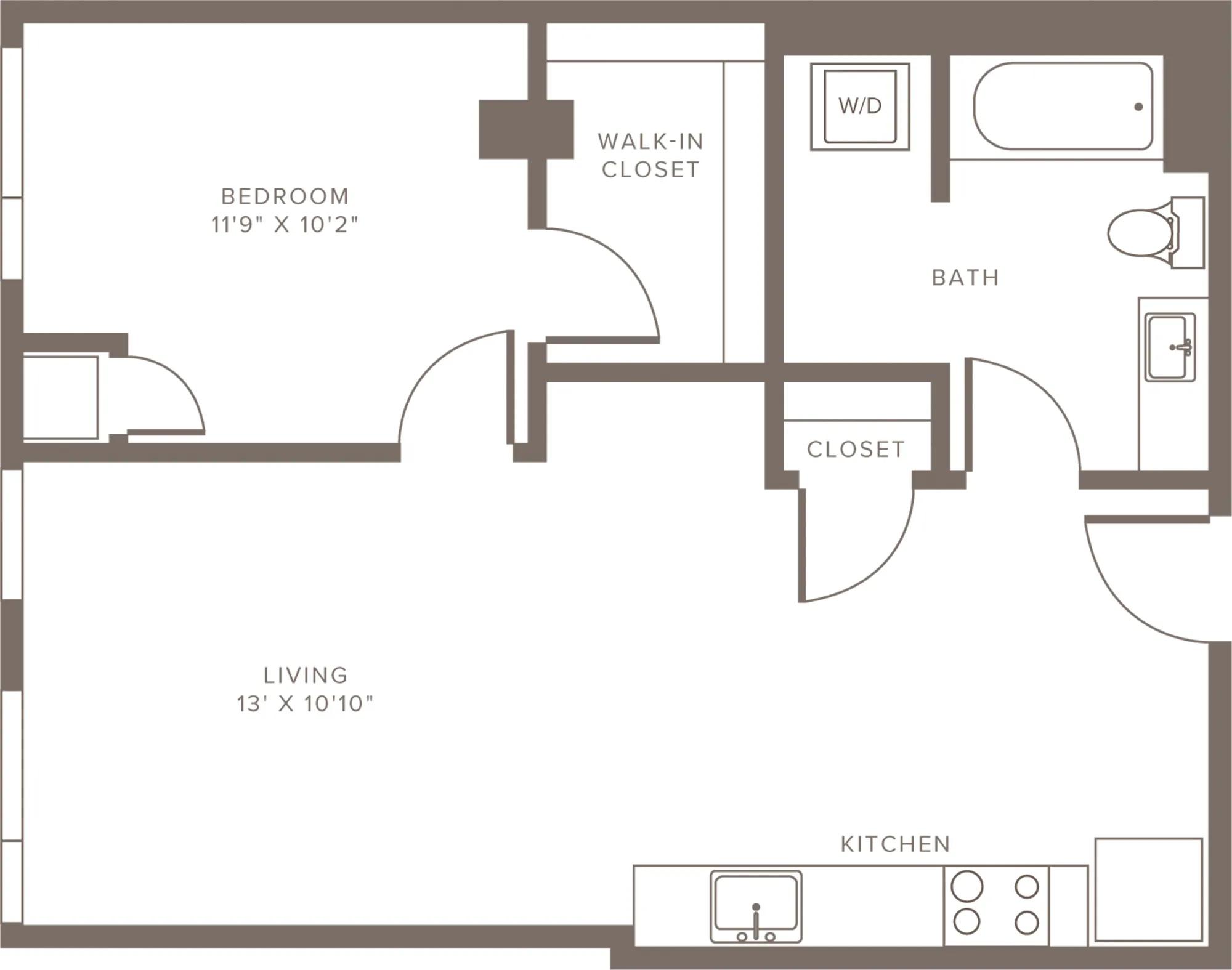 690 square foot one bedroom with walk-in closet one bath apartment floorplan image