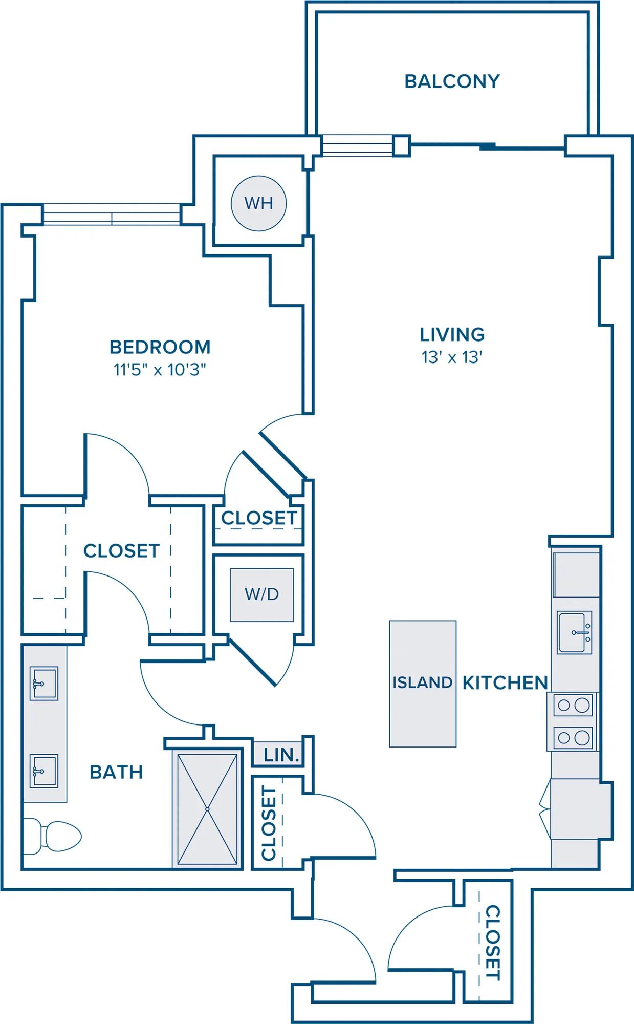 736 square foot one bed one bath apartment floor plan in Nashville, TN