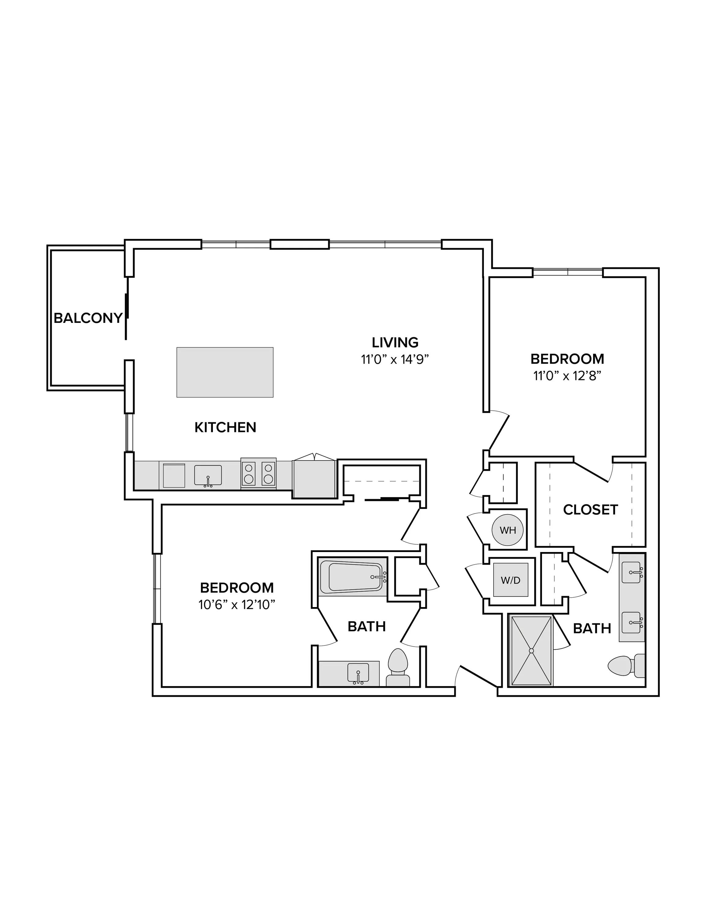 1136 square foot two bed two bath apartment floor plan image