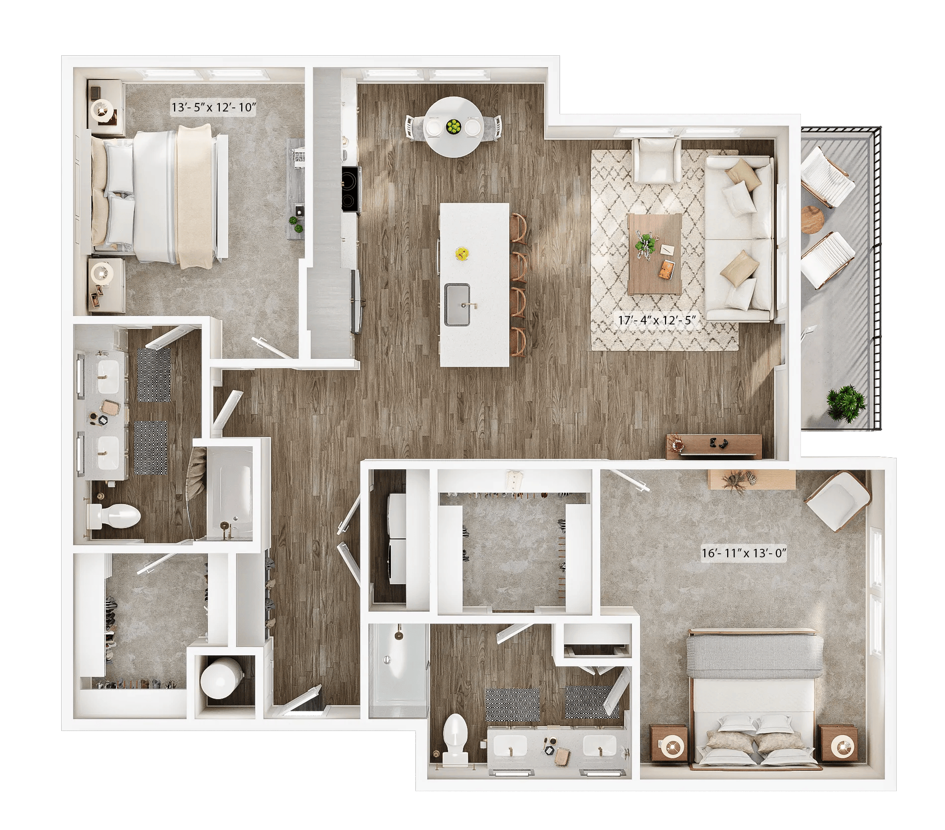 1427 square foot two bed two bath apartment floor plan image