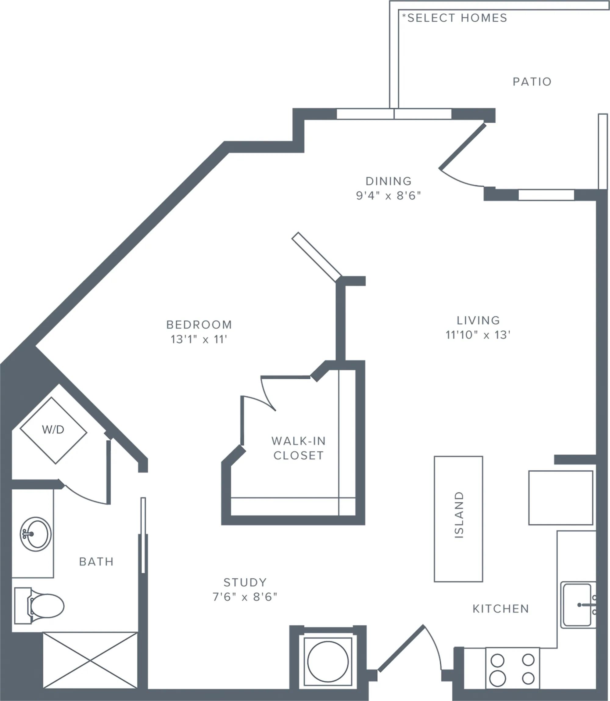 773 square foot studio one bath with den floorplan image