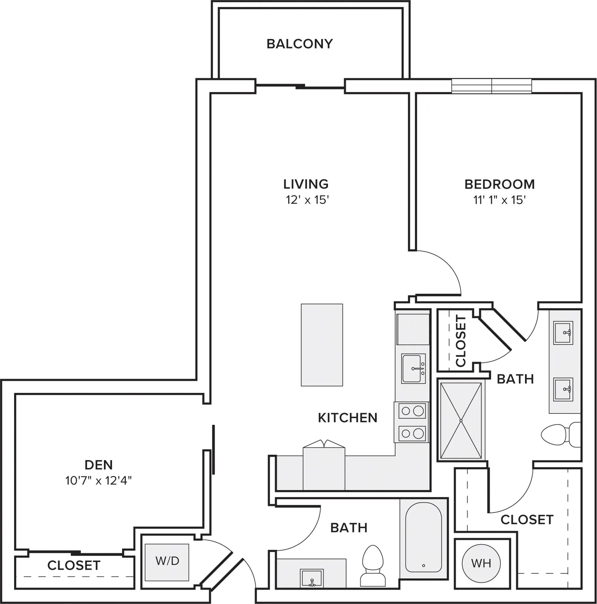 947 square foot one bedroom two bath apartment floorplan in Davie, FL