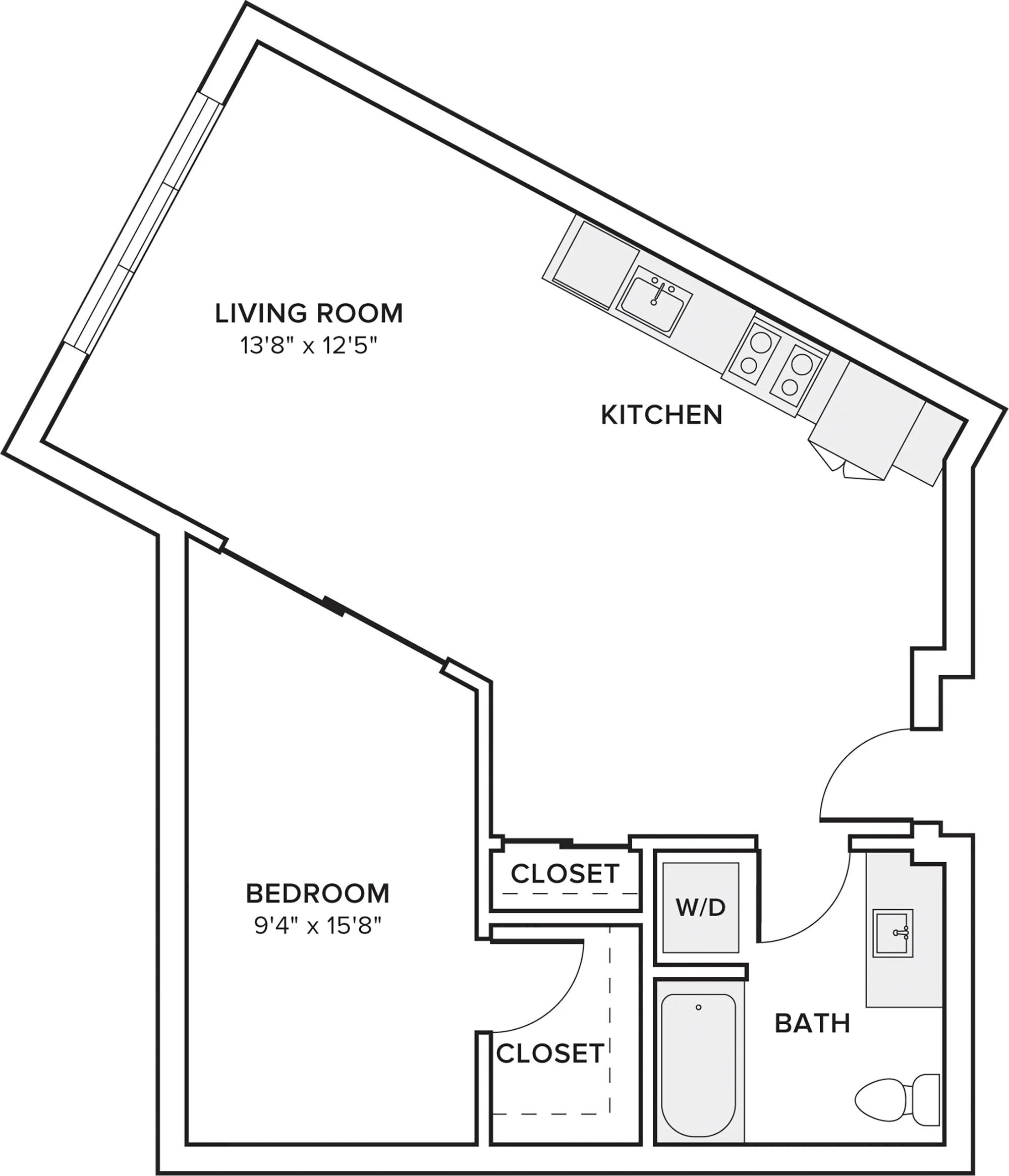 738 to 748 square foot one bedroom one bath apartment floor plan image in Redmond, WA