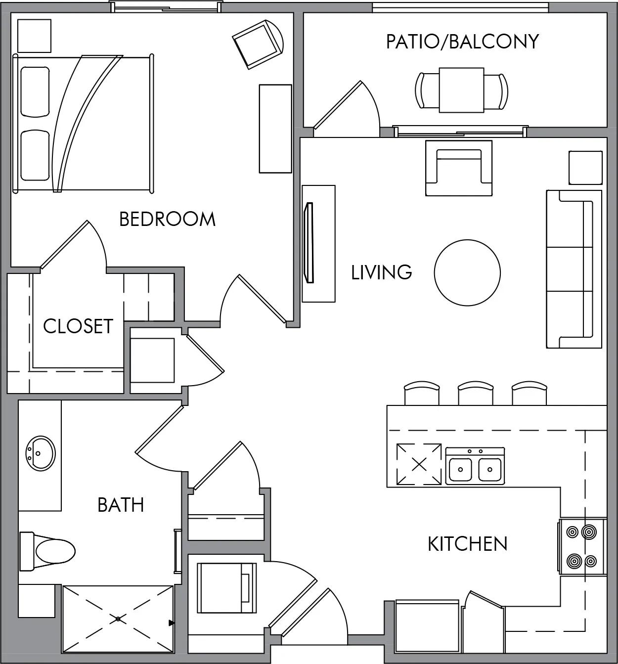 835 square foot one bedroom one bath apartment floor plan image
