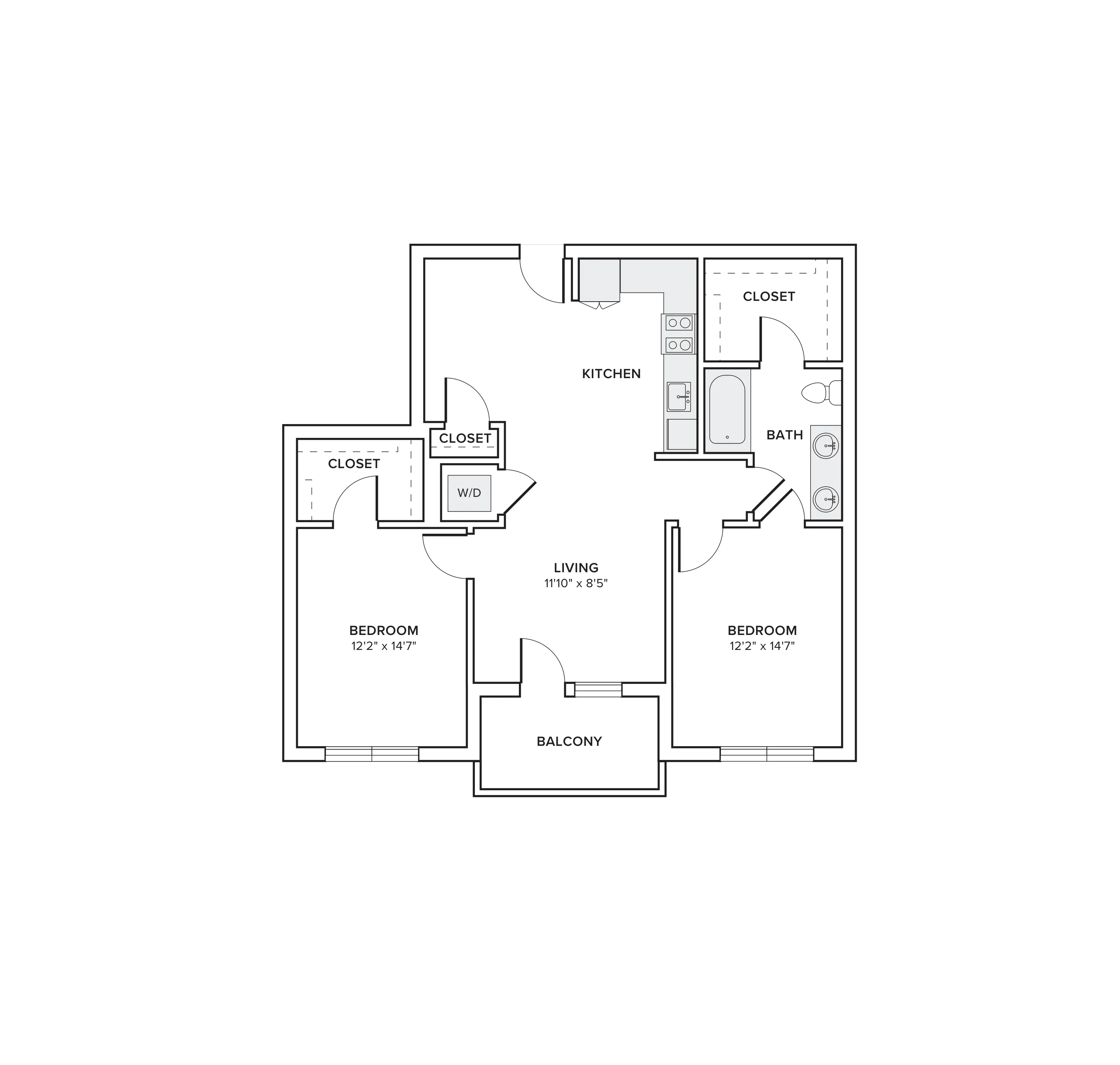 1034 square foot two bed one bath floor plan image