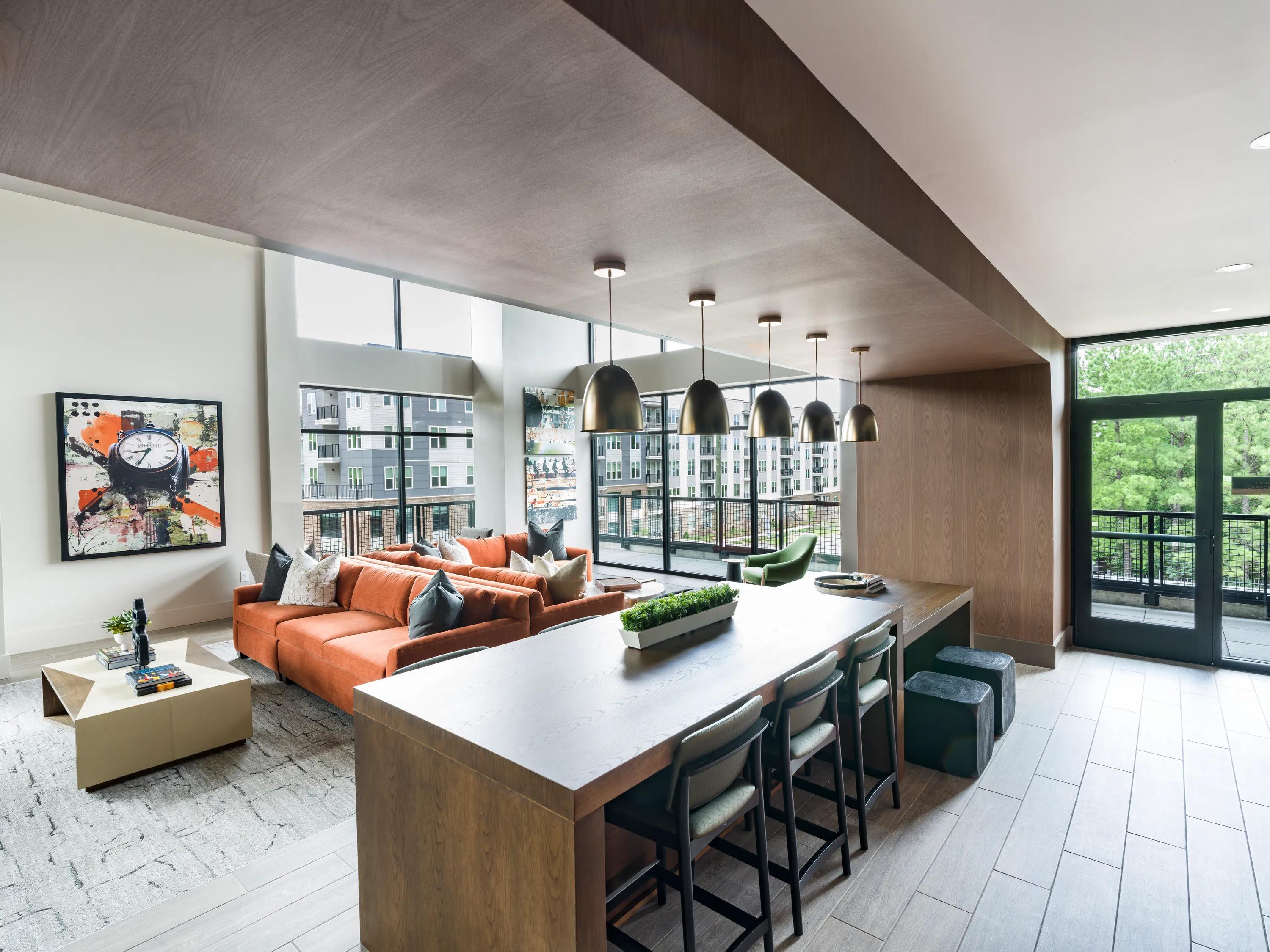 resident lounge with co-working bar space modera loso apartment homes for rent in charlotte nc