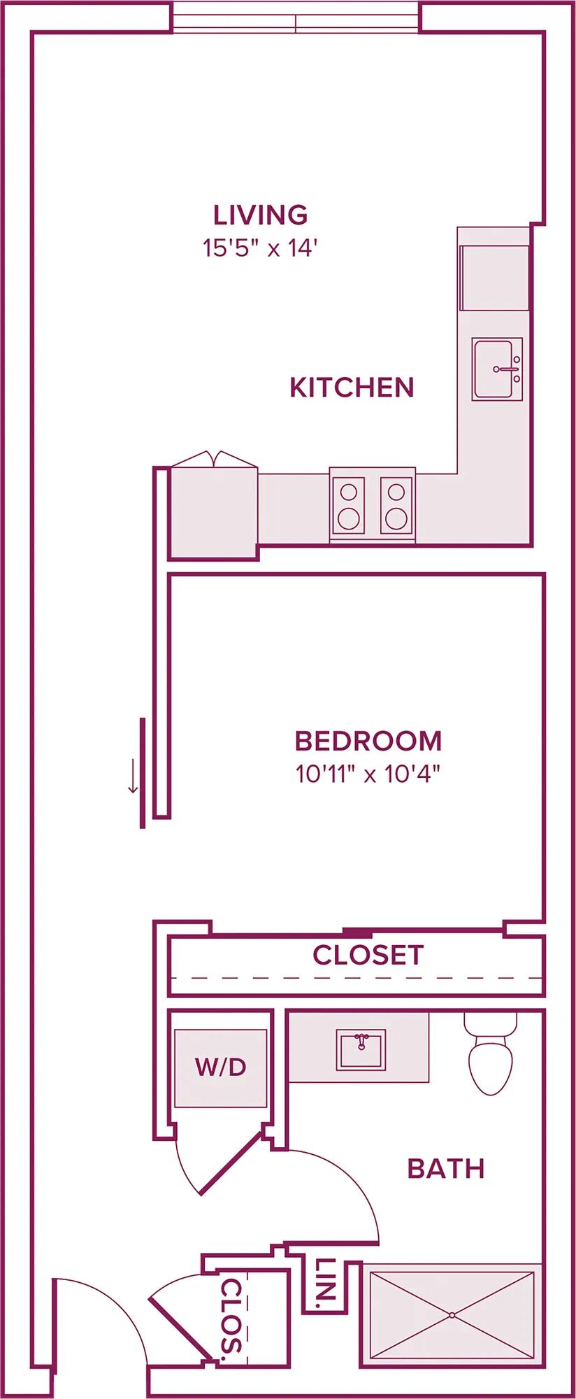 610 square foot one bed one bath floor plan in Argyle, CA