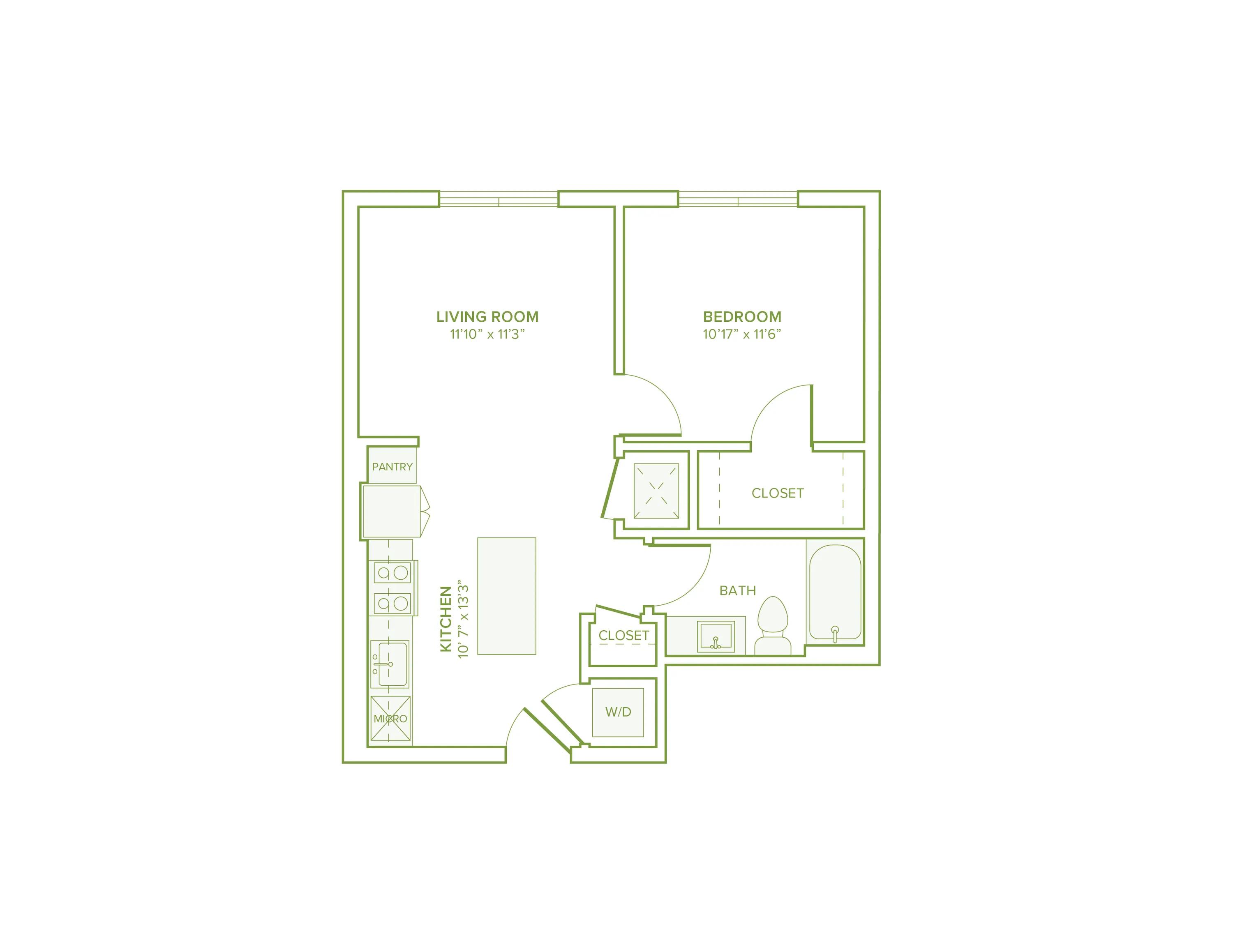 585 square foot one bed one bath floor plan in Falls Church, VA