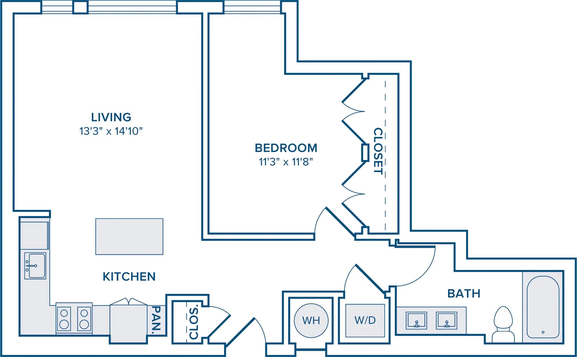 738 square foot one bedroom one bath apartment floorplan image