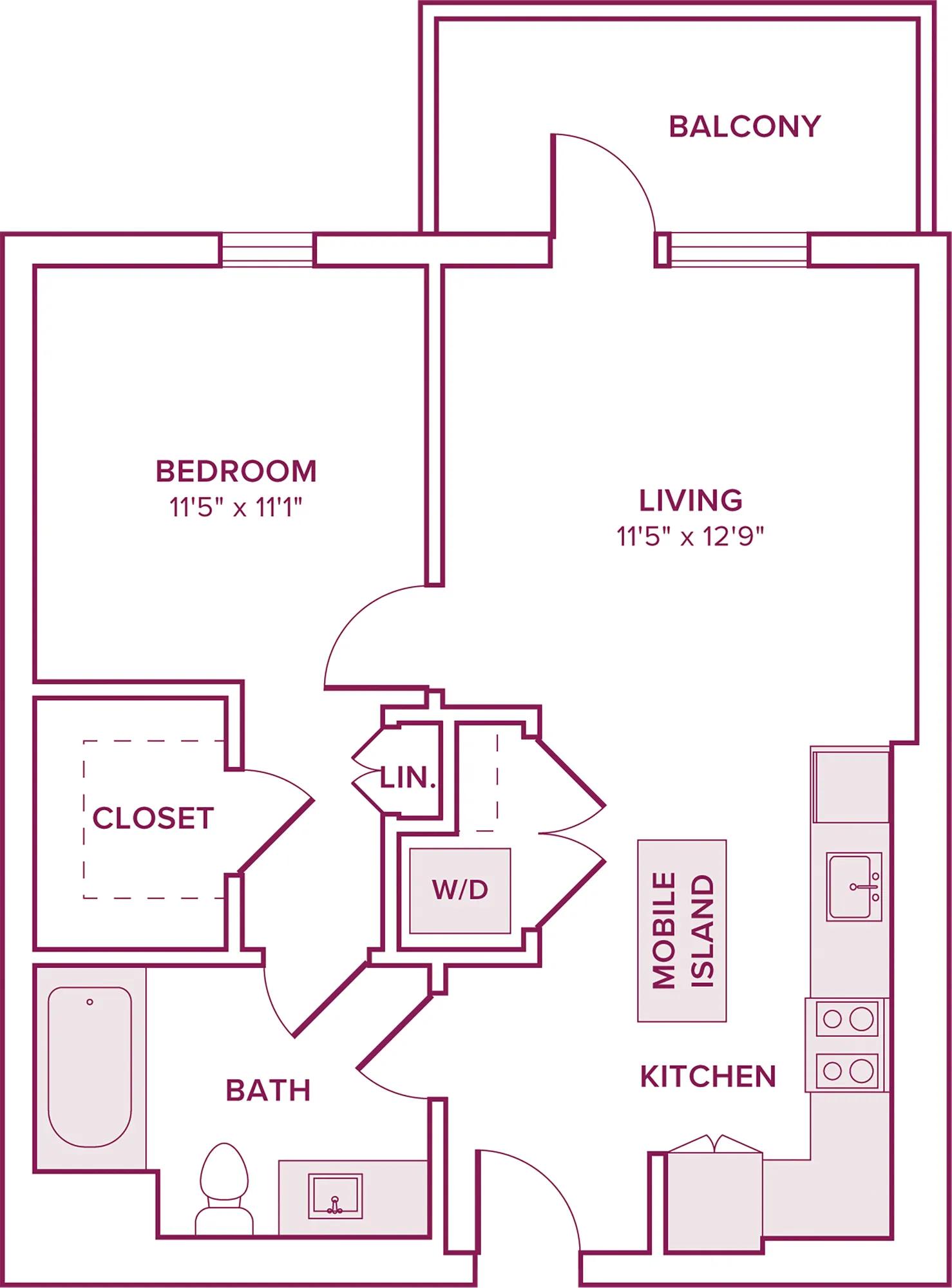 646 square foot one bed one bath floor plan in Argyle, CA