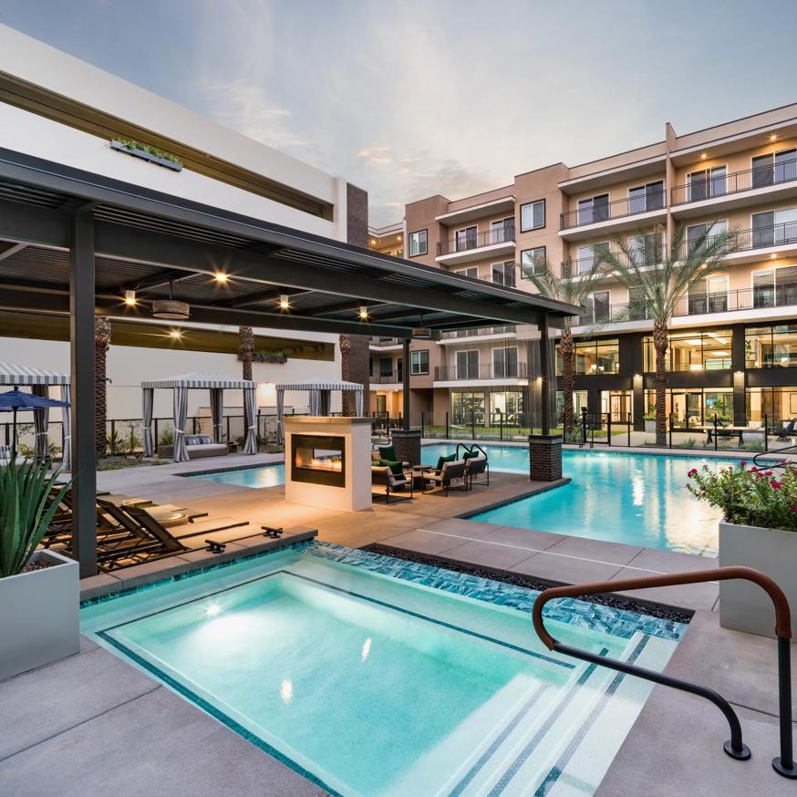 pool deck with building exterior backdrop modera kierland apartment homes for rent in scottsdale az