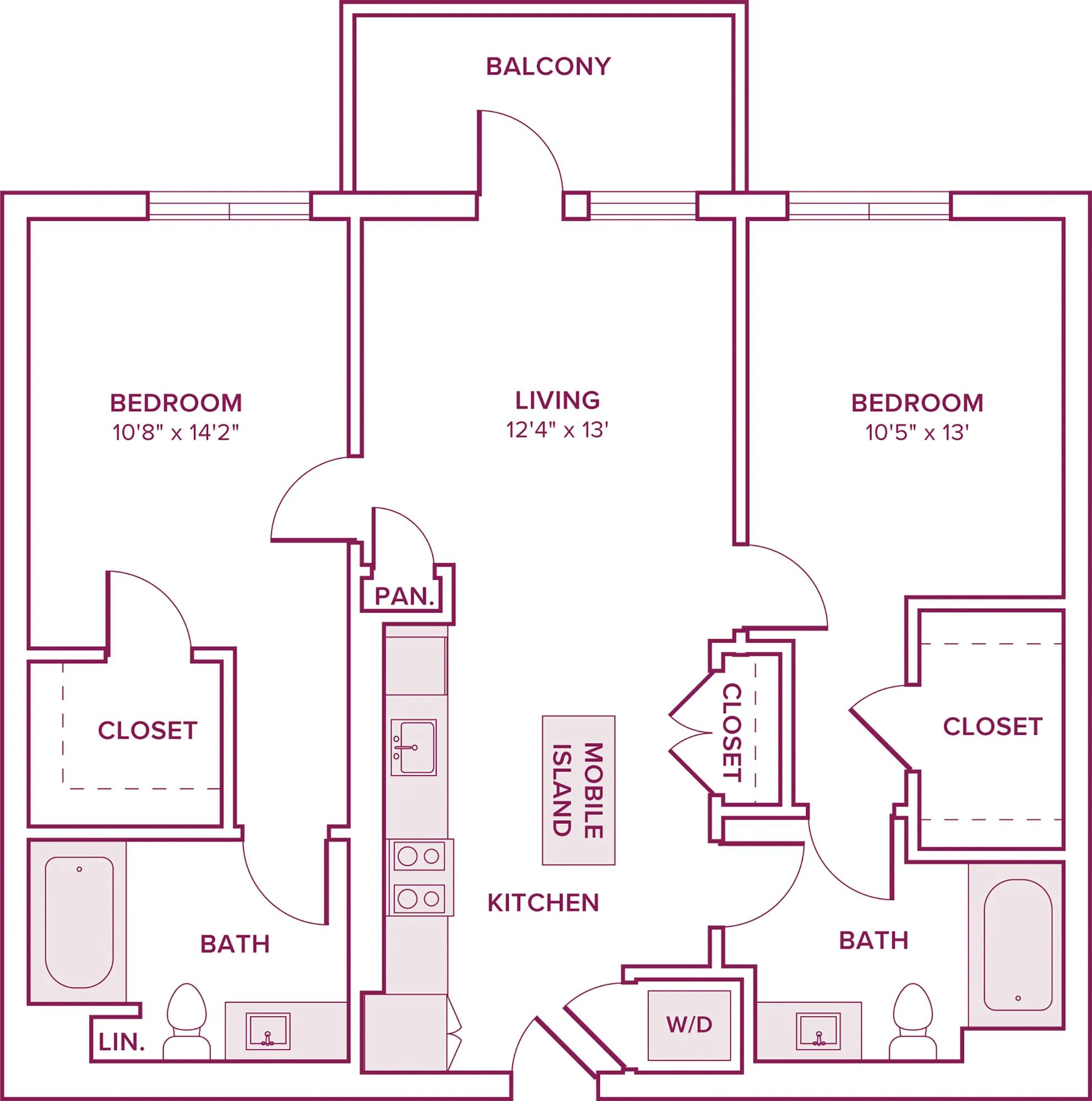 958 square foot two bed two bath floor plan in Argyle, CA
