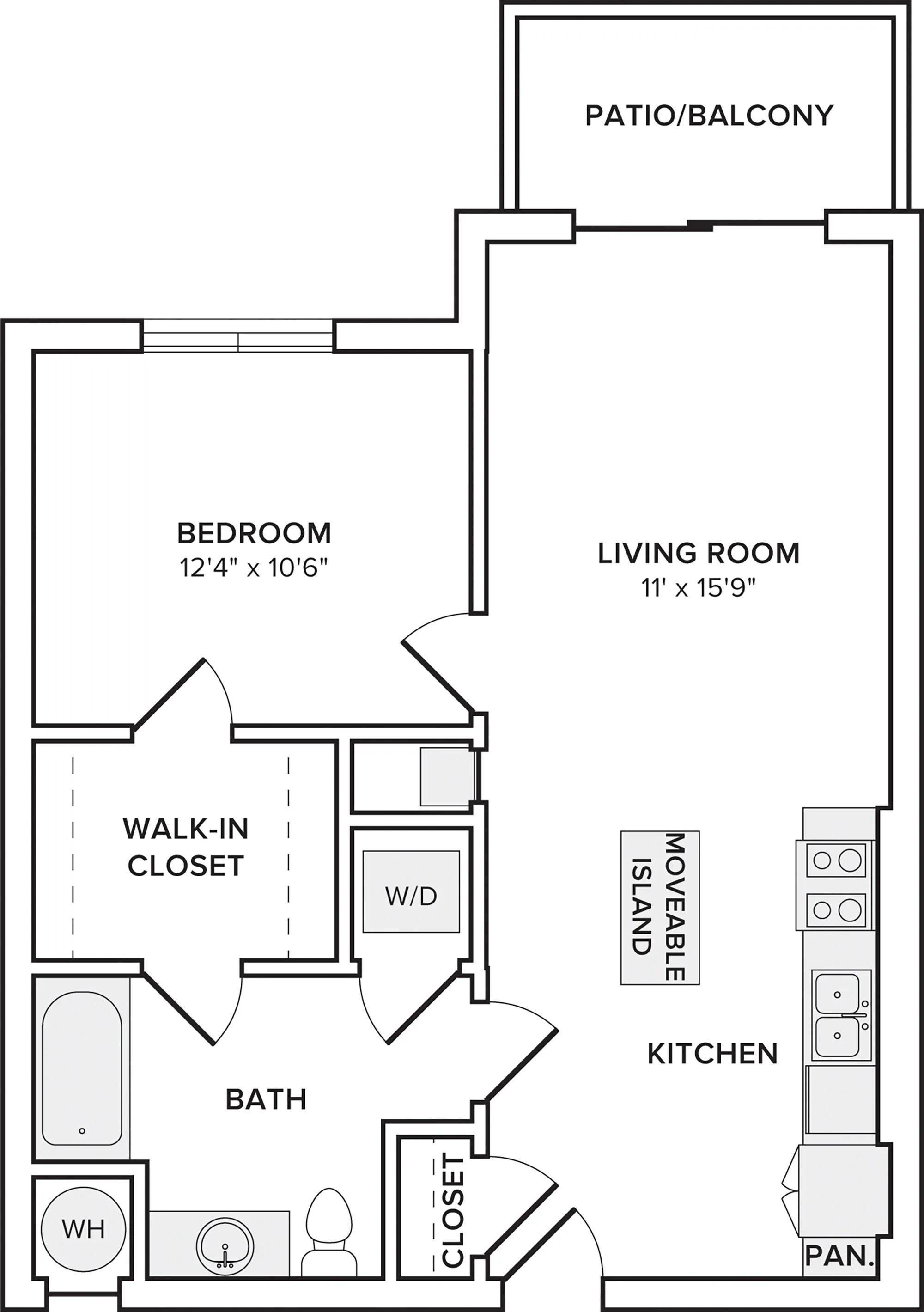 711 square foot one bedroom one bathroom apartment floorplan image