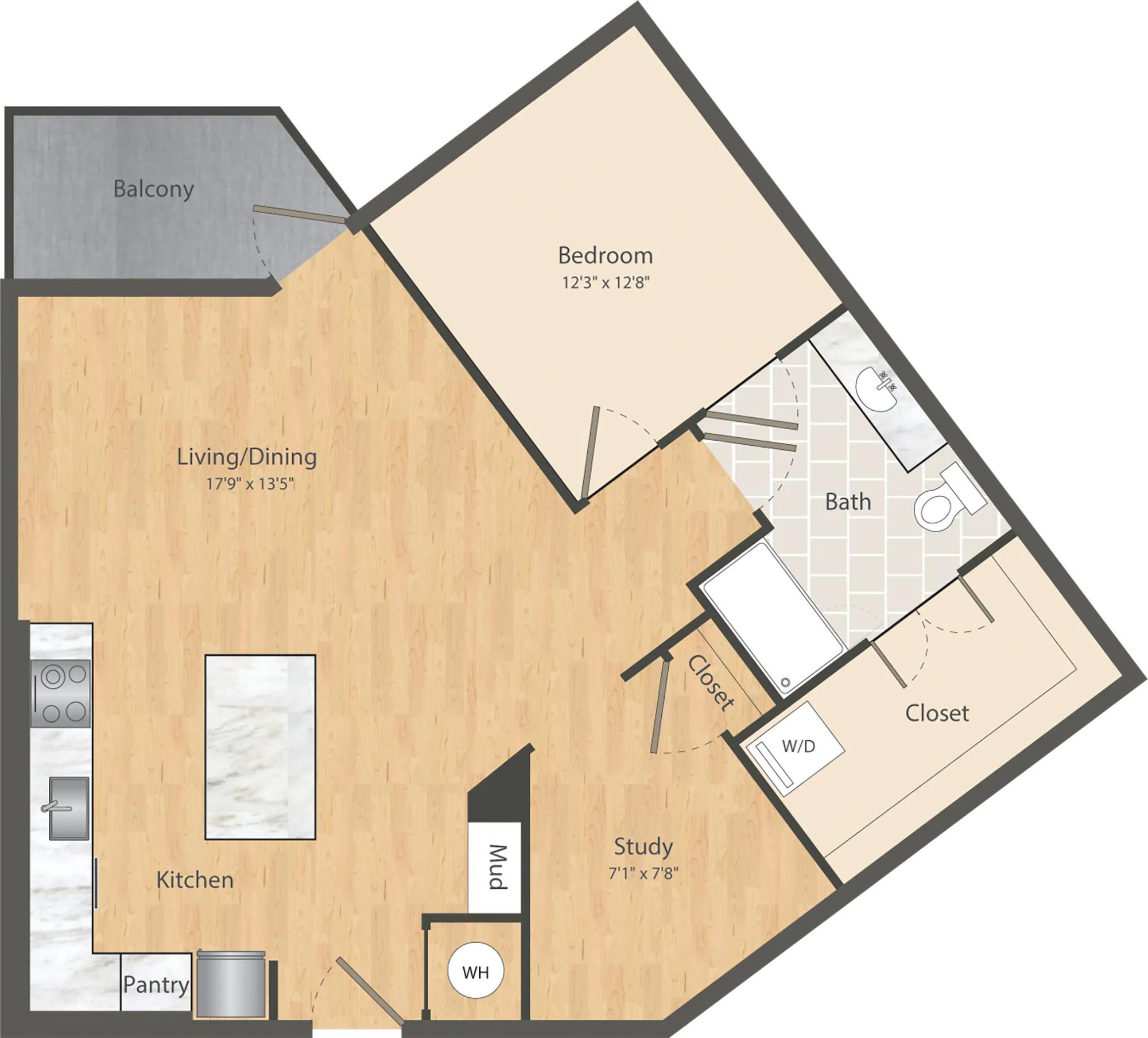 942 square foot one bedroom one bath apartment floor plan in Dallas, TX