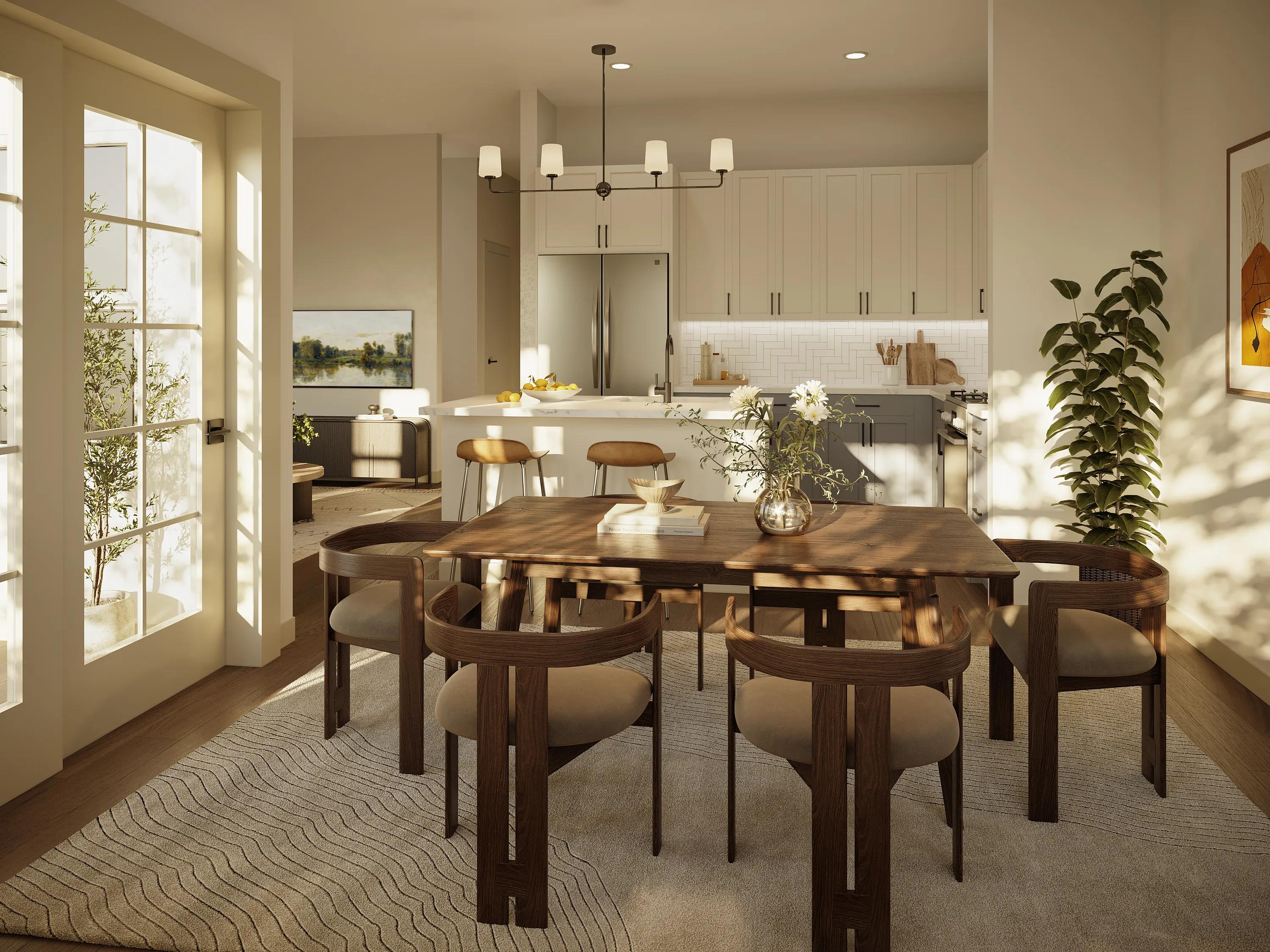 kitchen rendering with white cabinetry and dining area modera weston apartments for rent in weston ma near boston