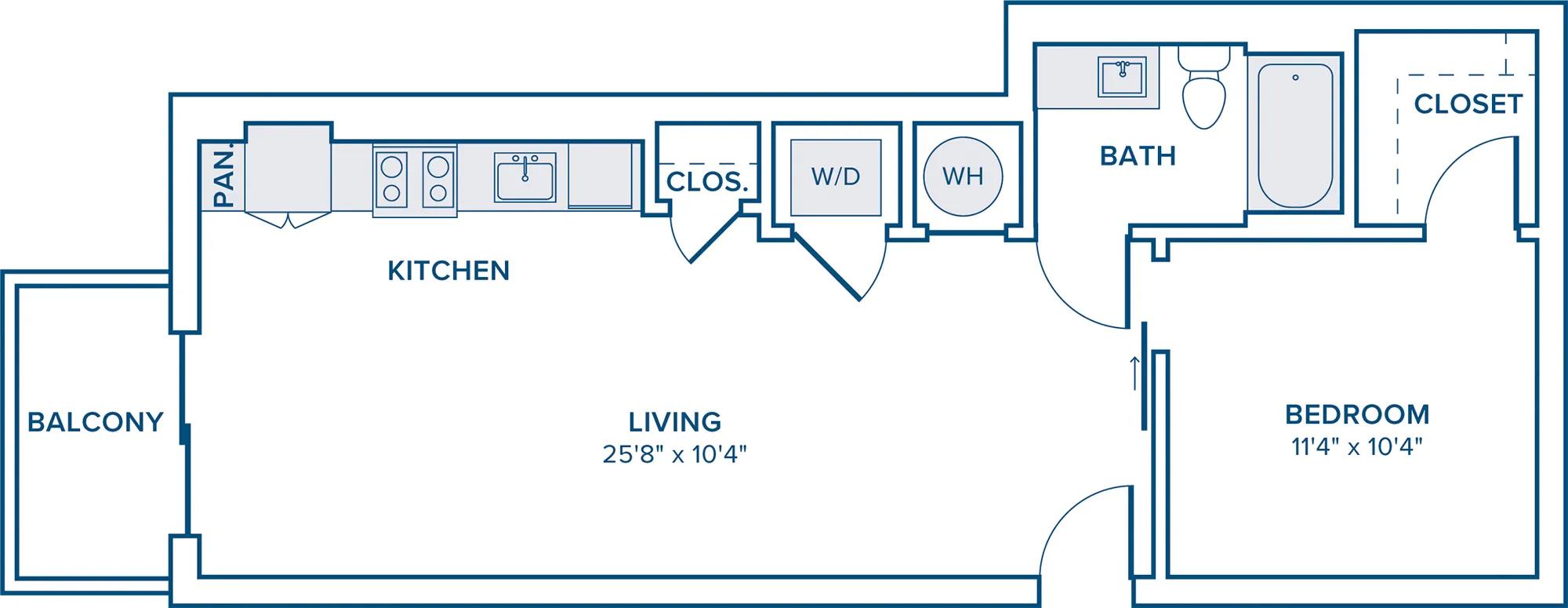 670 square foot one bedroom one bath apartment floorplan image