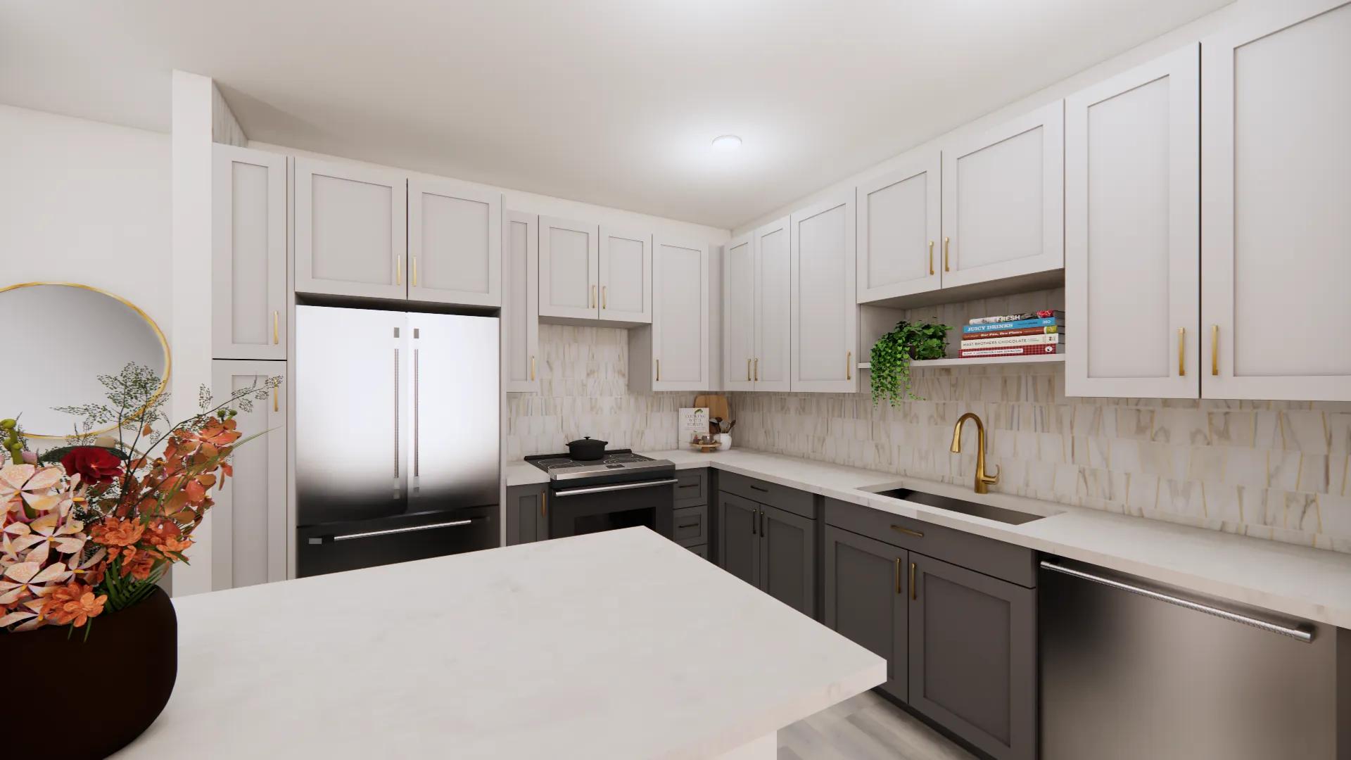 light cabinetry in kitchen with gold finishes modera university park apartment homes for rent in denver co