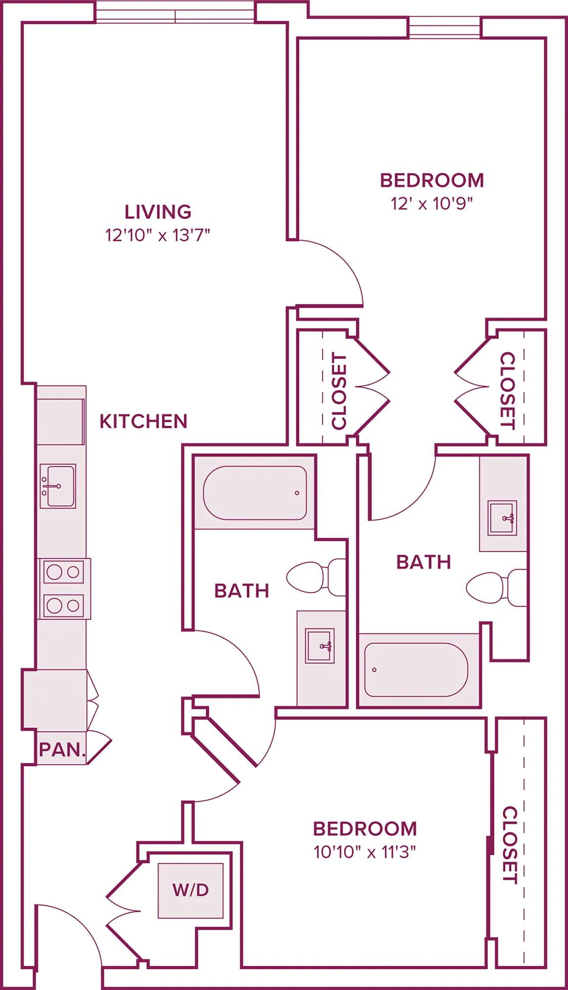 857 square foot two bed two bath floor plan in Argyle, CA