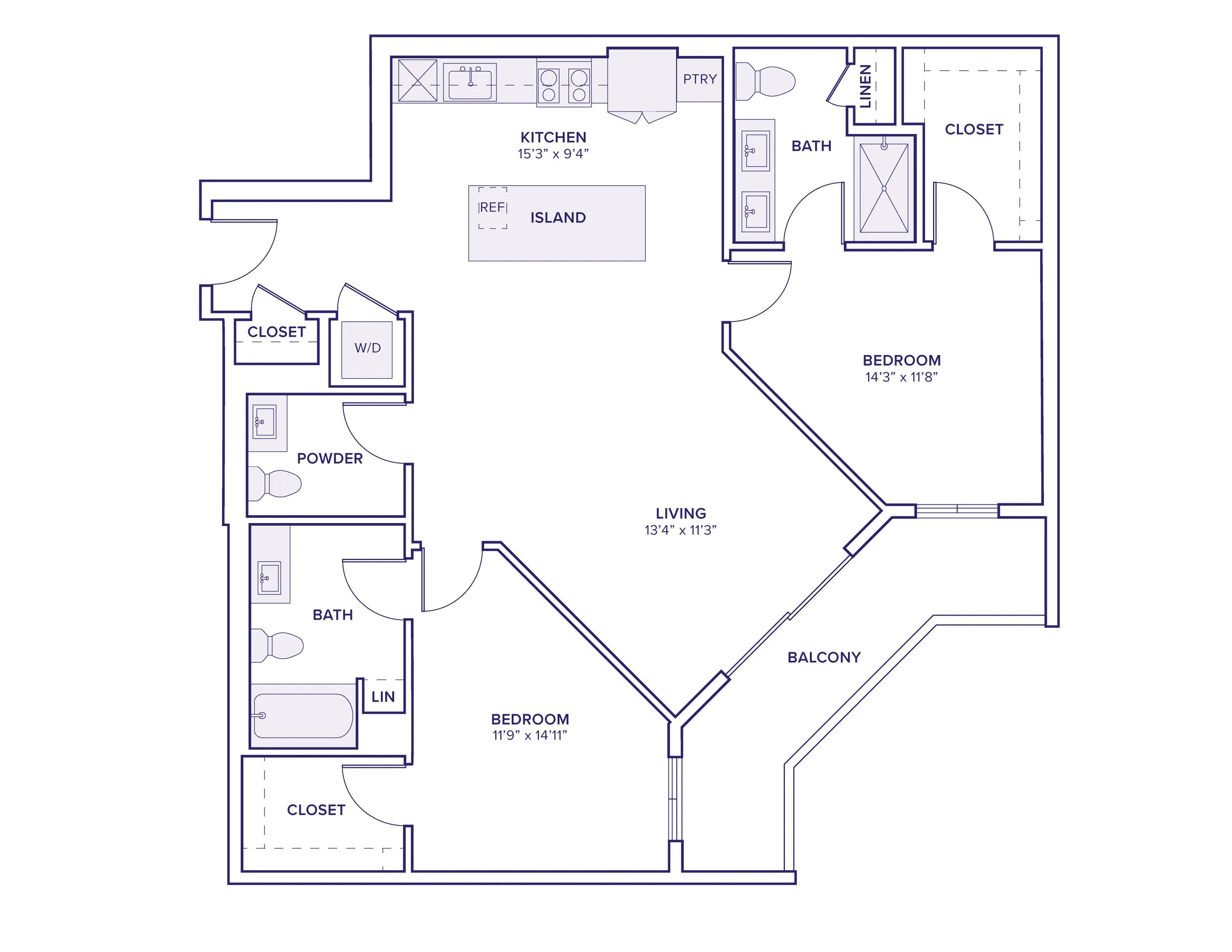 1264 square foot two bed two and a half bath apartment floor plan in Scottsdale, AZ