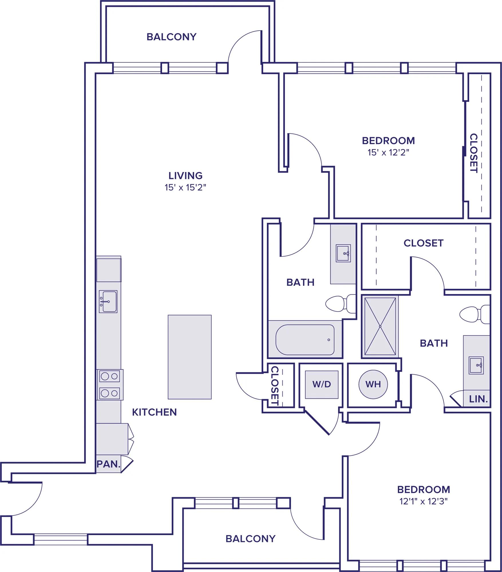 1354-1358 square foot two bedroom two bath penthouse apartment floor plan image