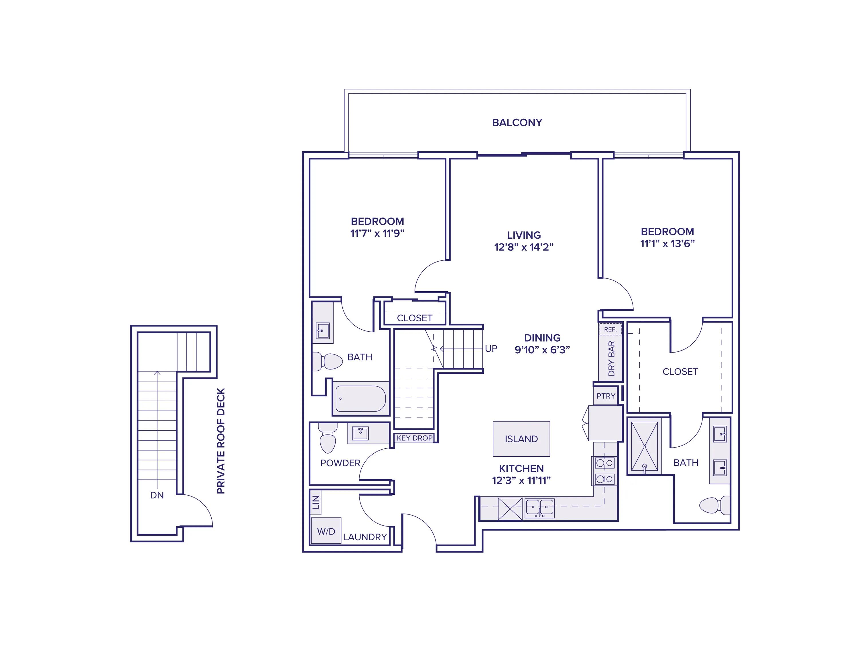 1263 square foot two bed two and a half bath apartment floor plan in Scottsdale, AZ