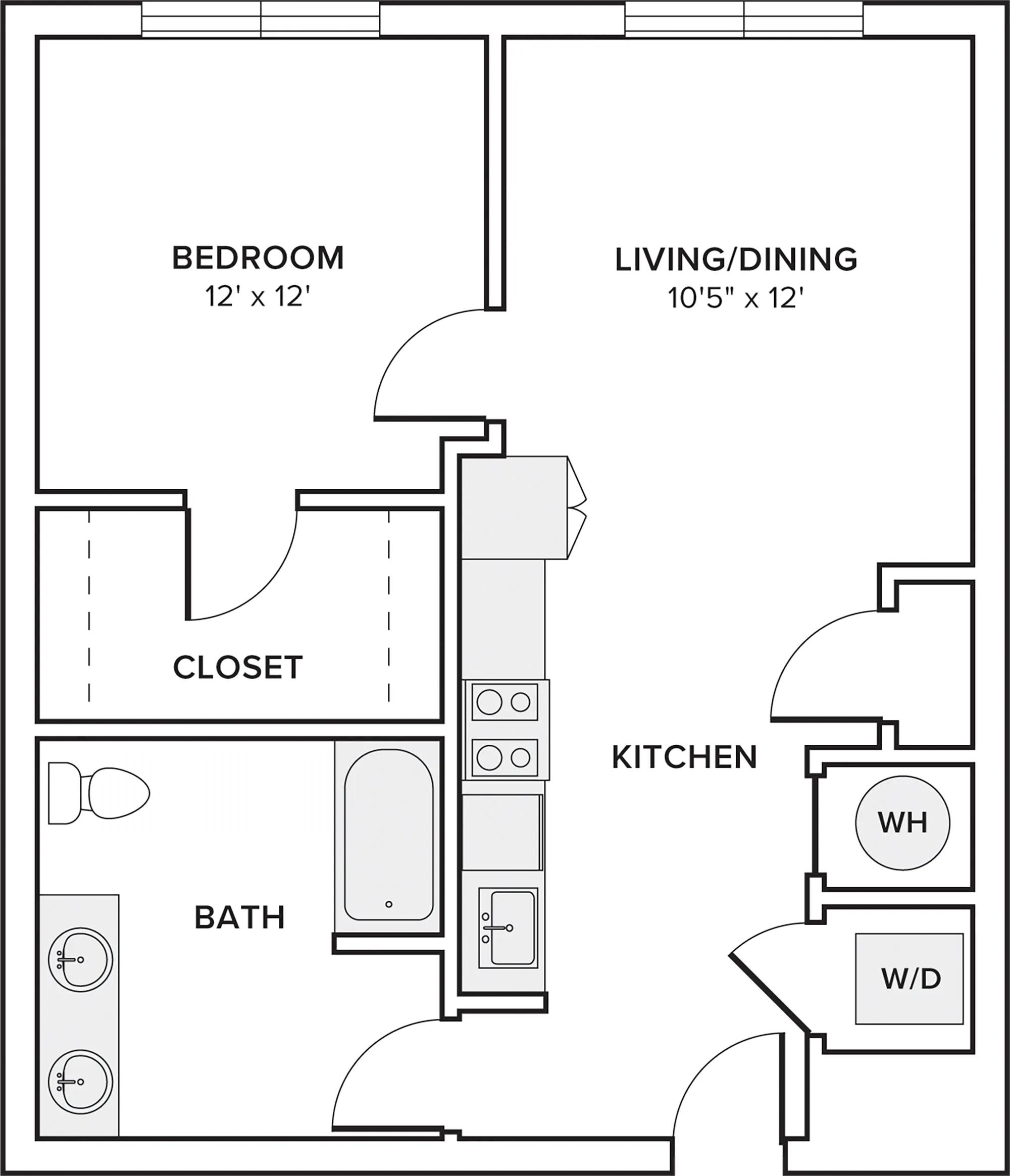 689 square foot one bedroom one bathroom apartment floorplan image