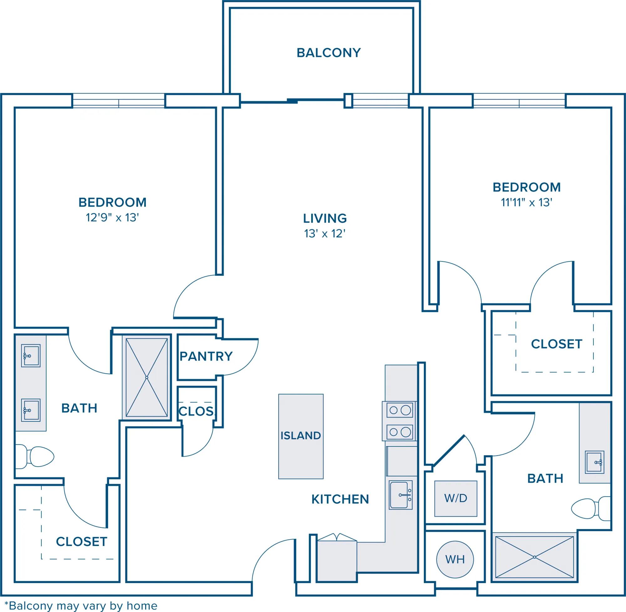 1114 square foot two bed two bath apartment floor plan in Nashville, TN