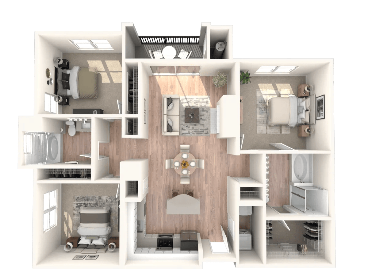 1377 square foot three bed two bath apartment floor plan image