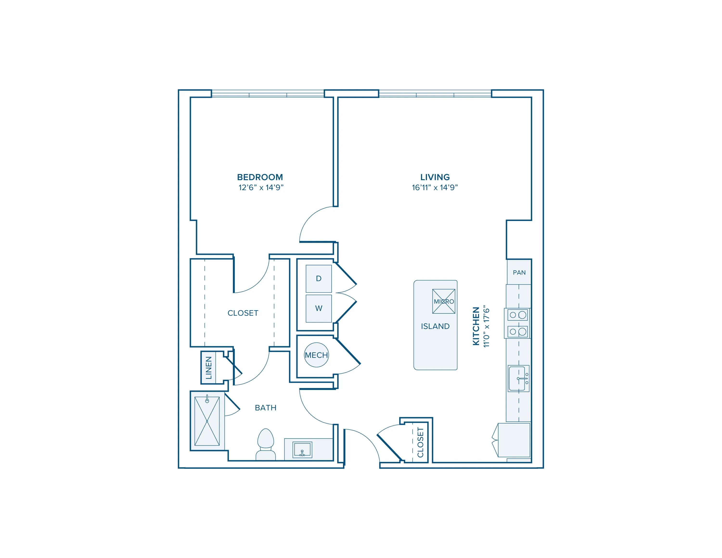 930 square foot one bed one bath apartment floor plan in Charlotte, NC