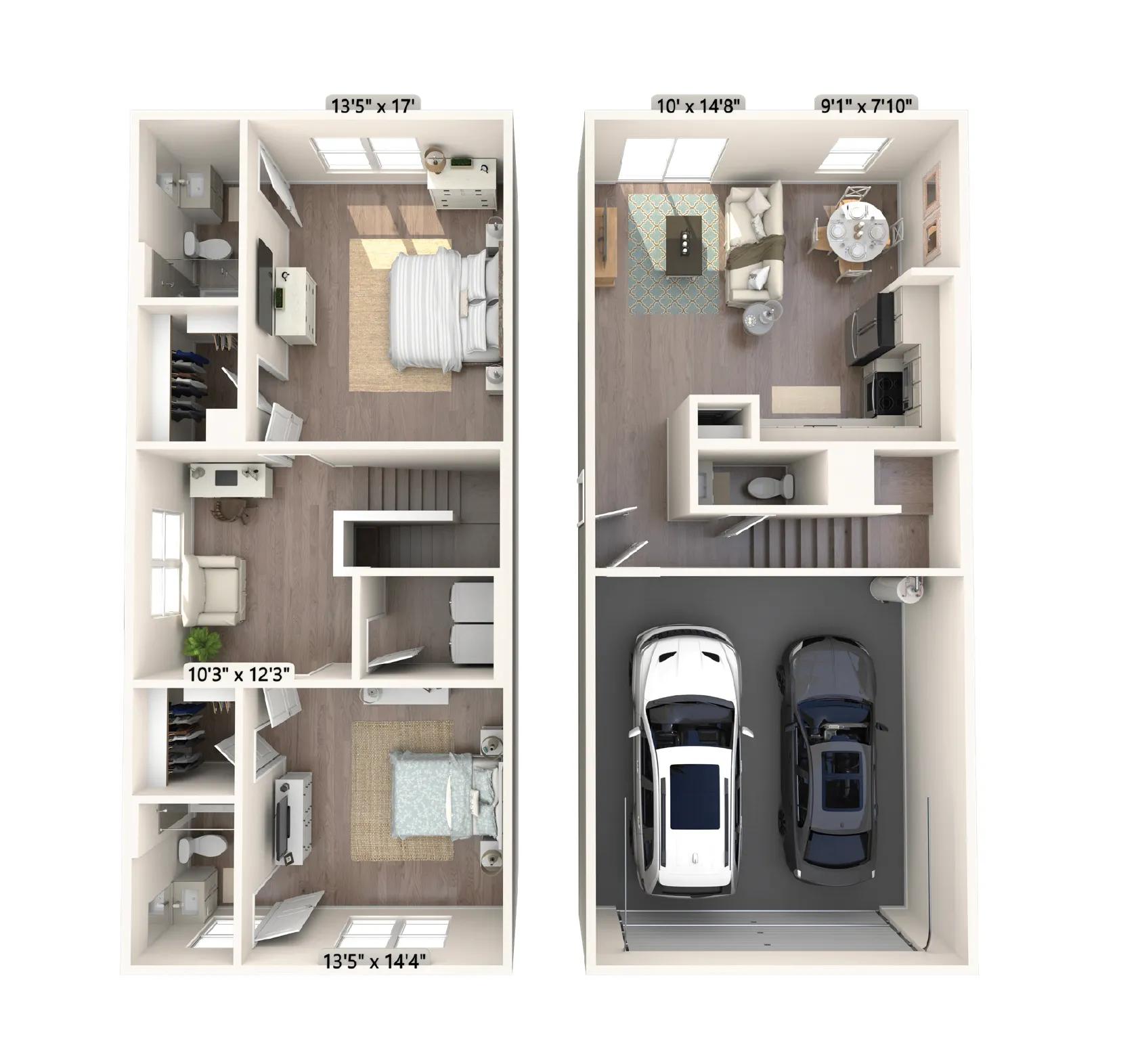 1317 square foot two bedroom two and a half bath townhome floor plan in Phoenix, Arizona