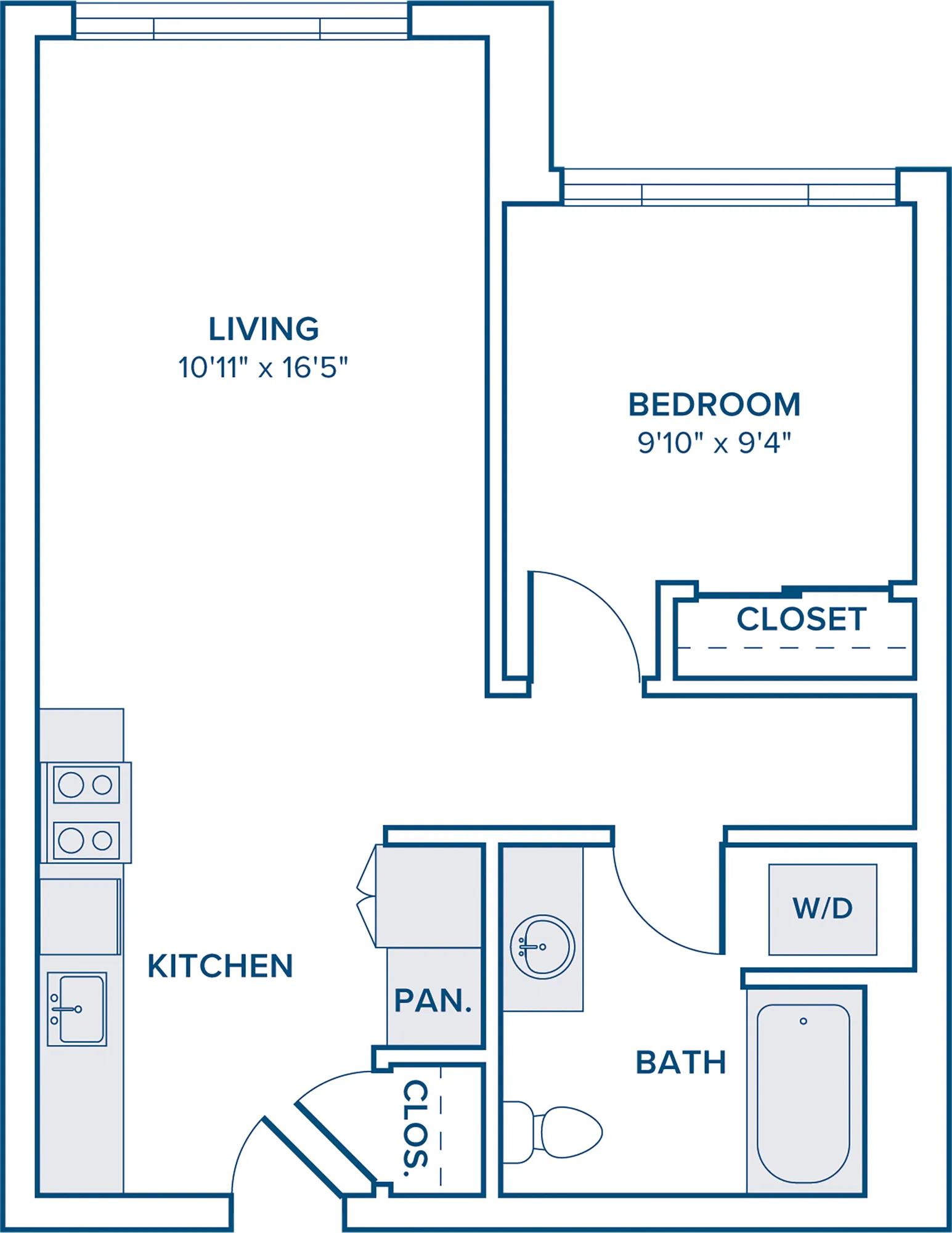 613 square foot one bedroom one bathroom floorplan image