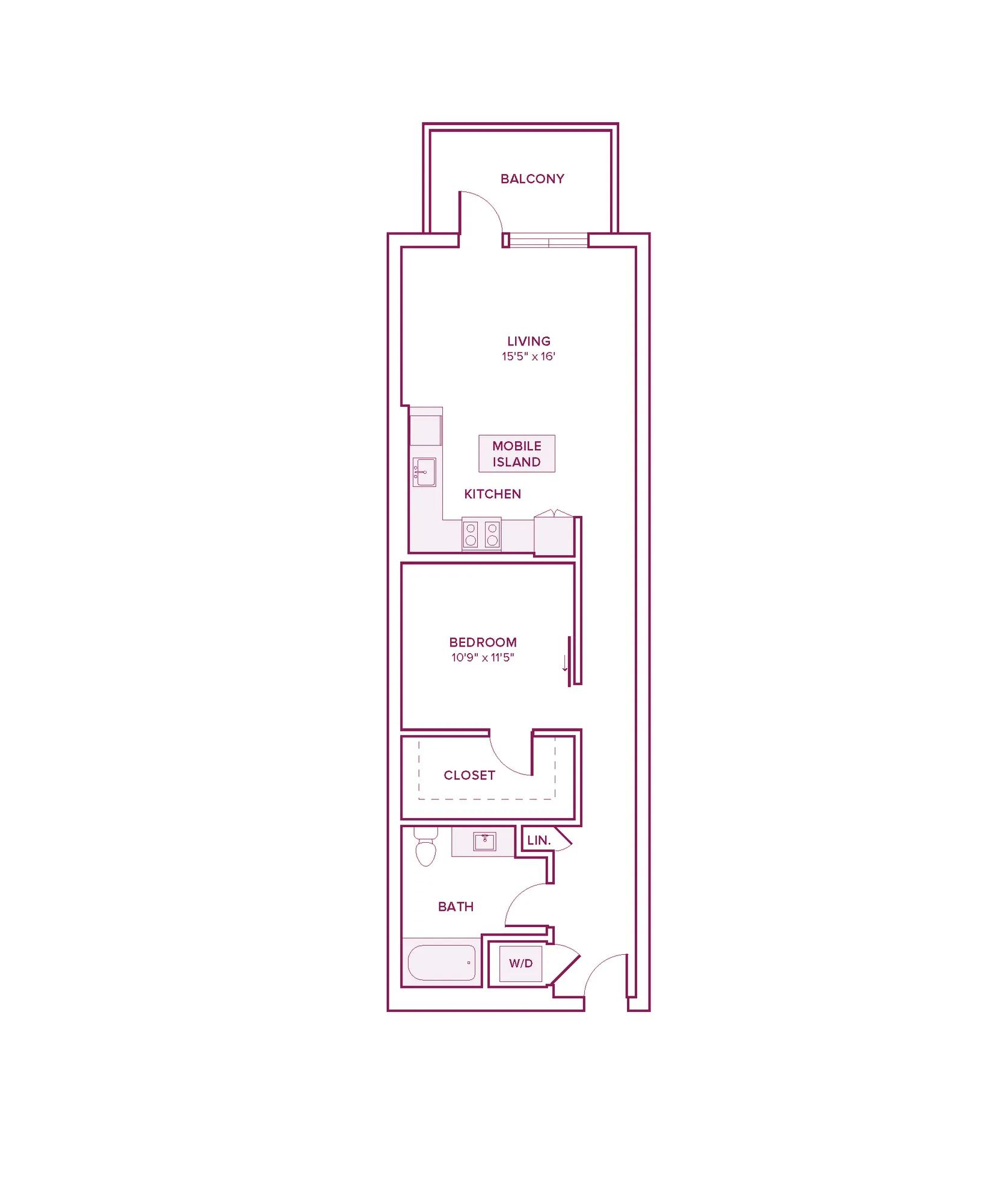 747 square foot one bed one bath floor plan in Argyle, CA