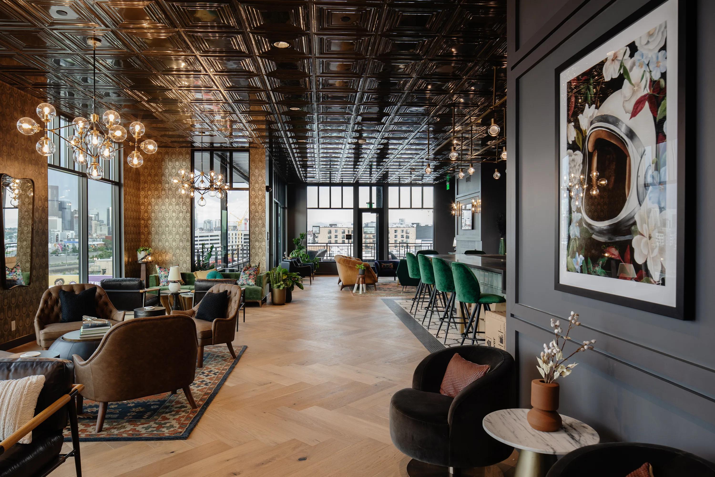 leasing lobby with moody decor modera art park apartment homes for rent in denver colorado