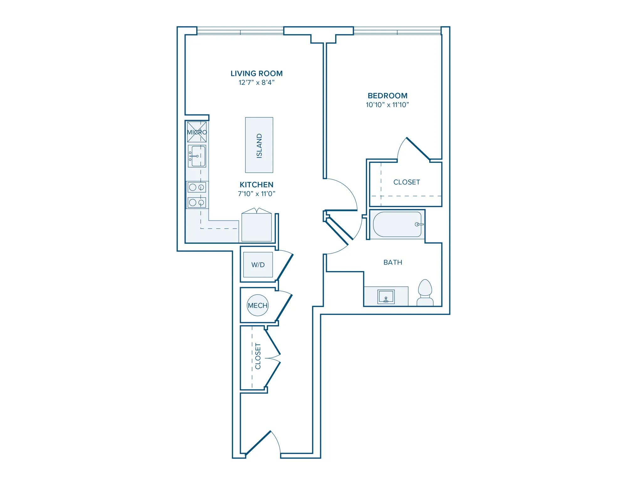 676 square foot one bed one bath apartment floor plan in D.C.