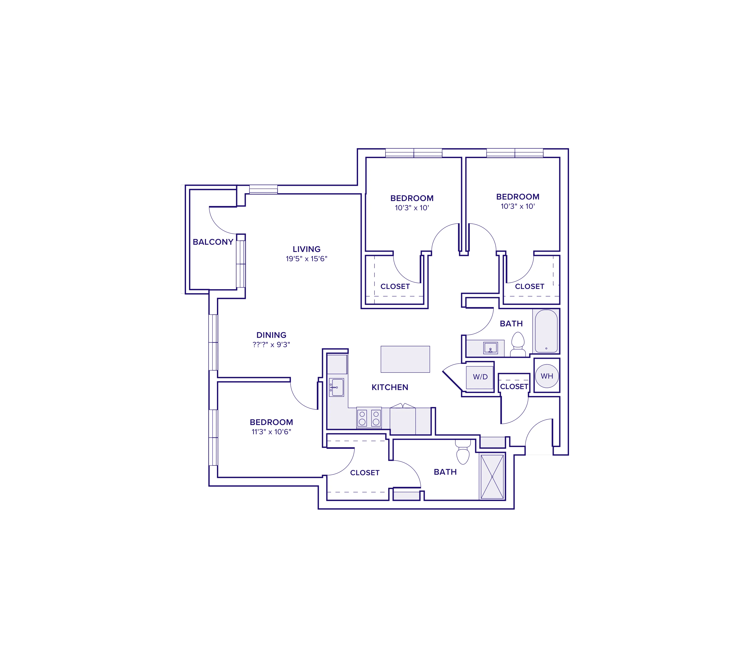 1260 square foot three bed two bath floor plan in Atlanta, GA
