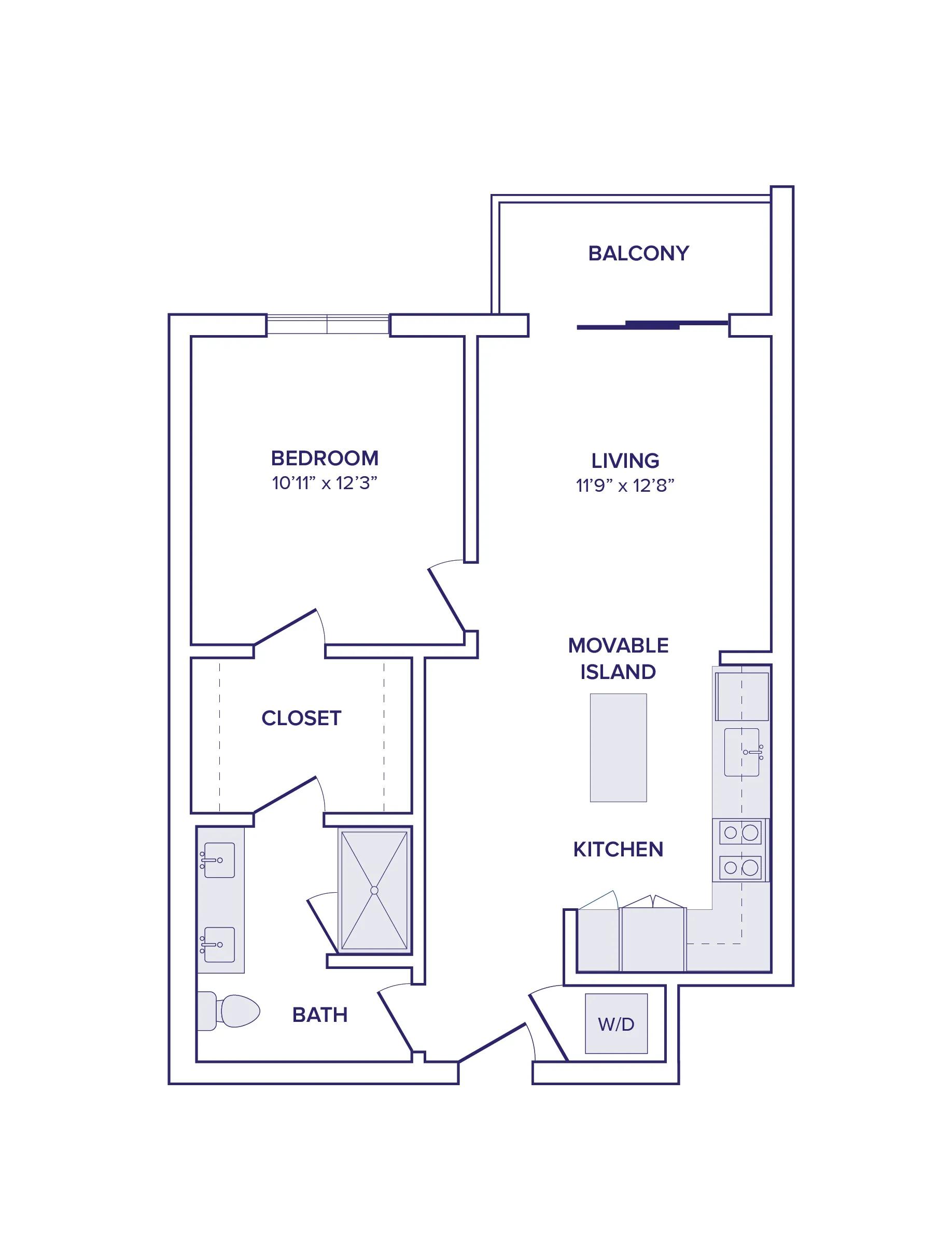 734 square foot one bed one bath apartment floor plan image