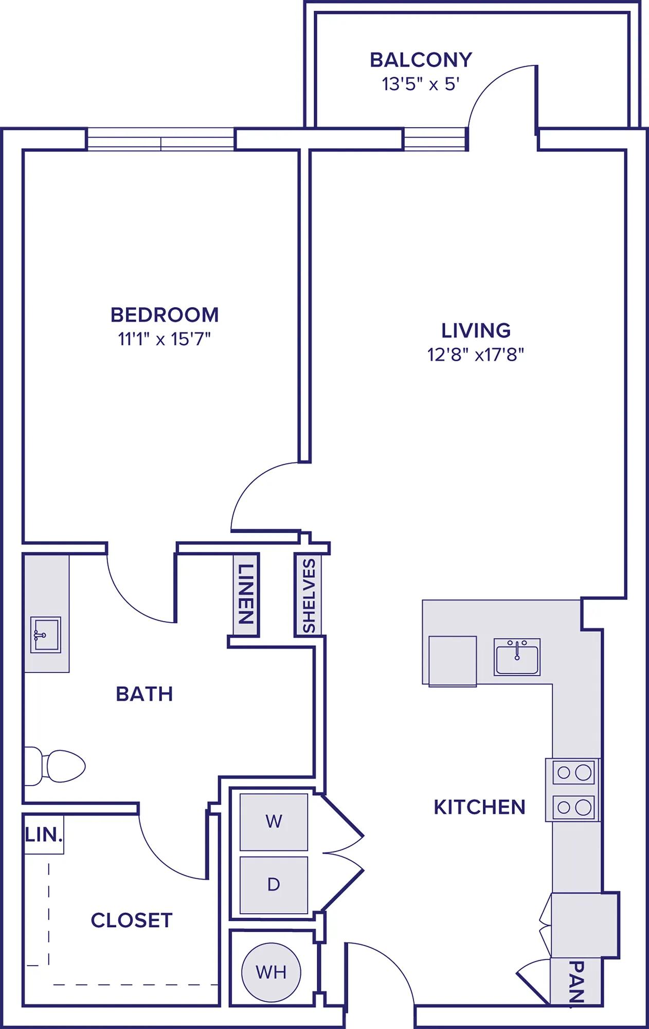 875 square foot one bed one bath apartment floor plan in McKinney, TX