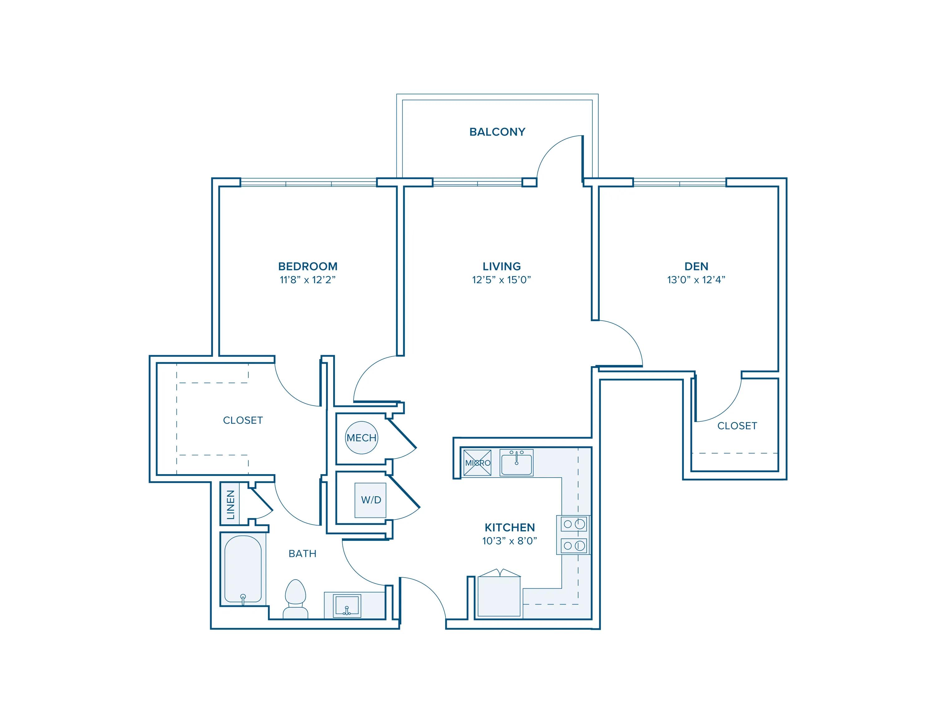 980 square foot one bed one bath apartment floor plan in Charlotte, NC