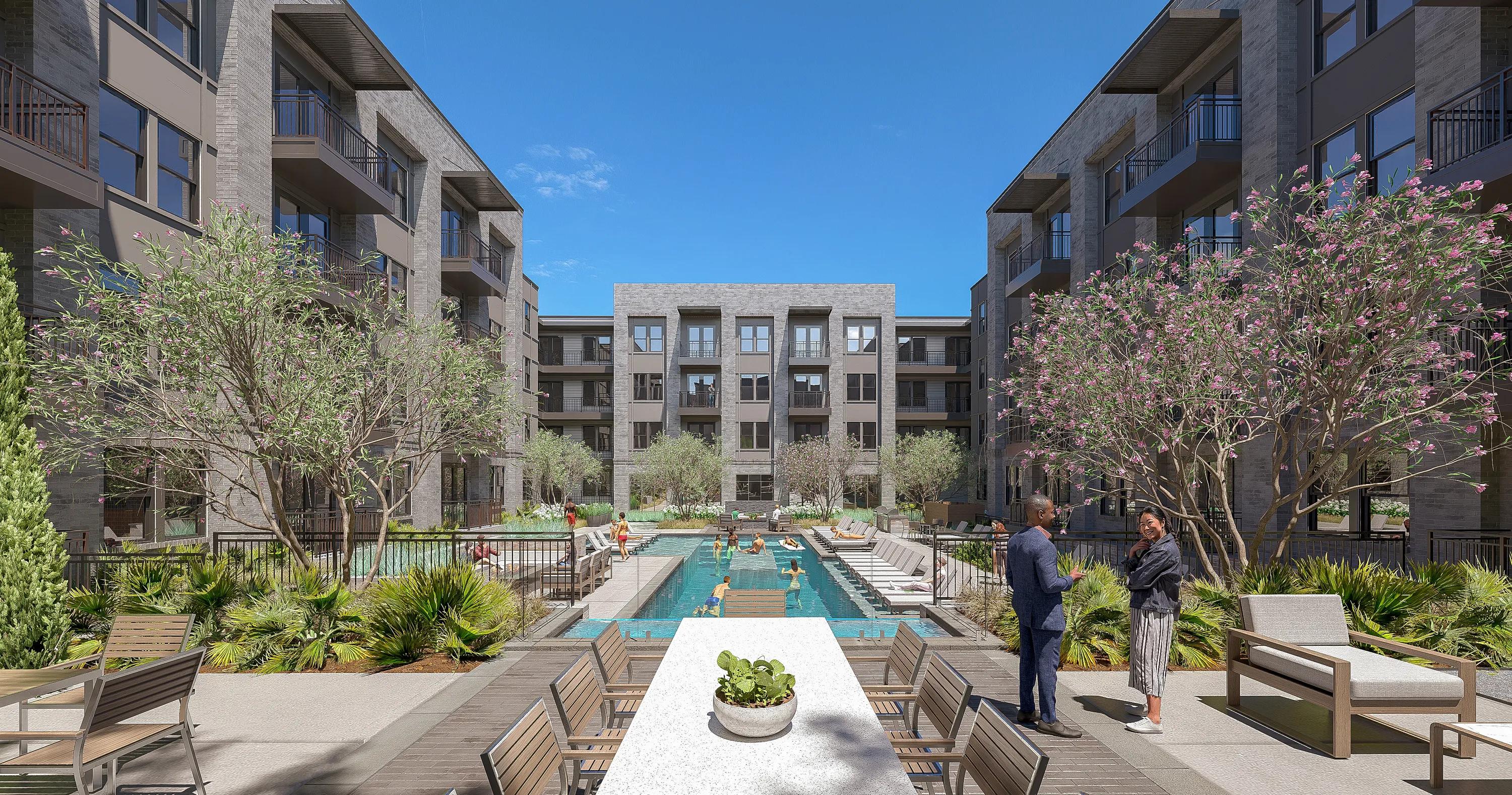 Resort-style pool with spacious sundeck, cabanas, and in-pool chaise lounges modera walsh heights apartments in aledo tx