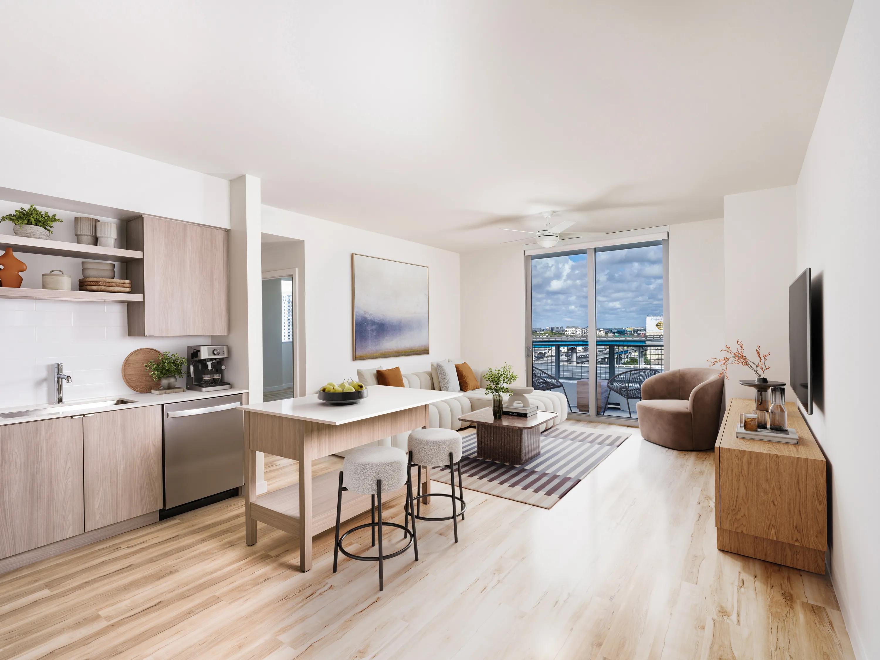 open floor plan kitchen and living area modera riverside apartment homes for rent in miami fl