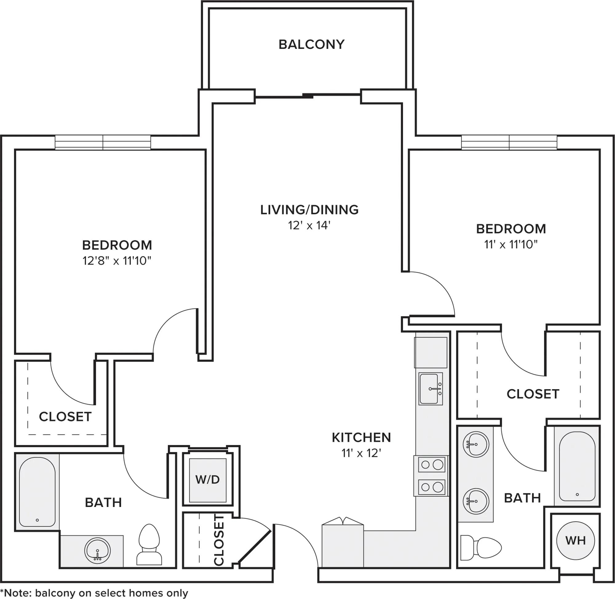 1118 square foot two bedroom two bathroom apartment floorplan image